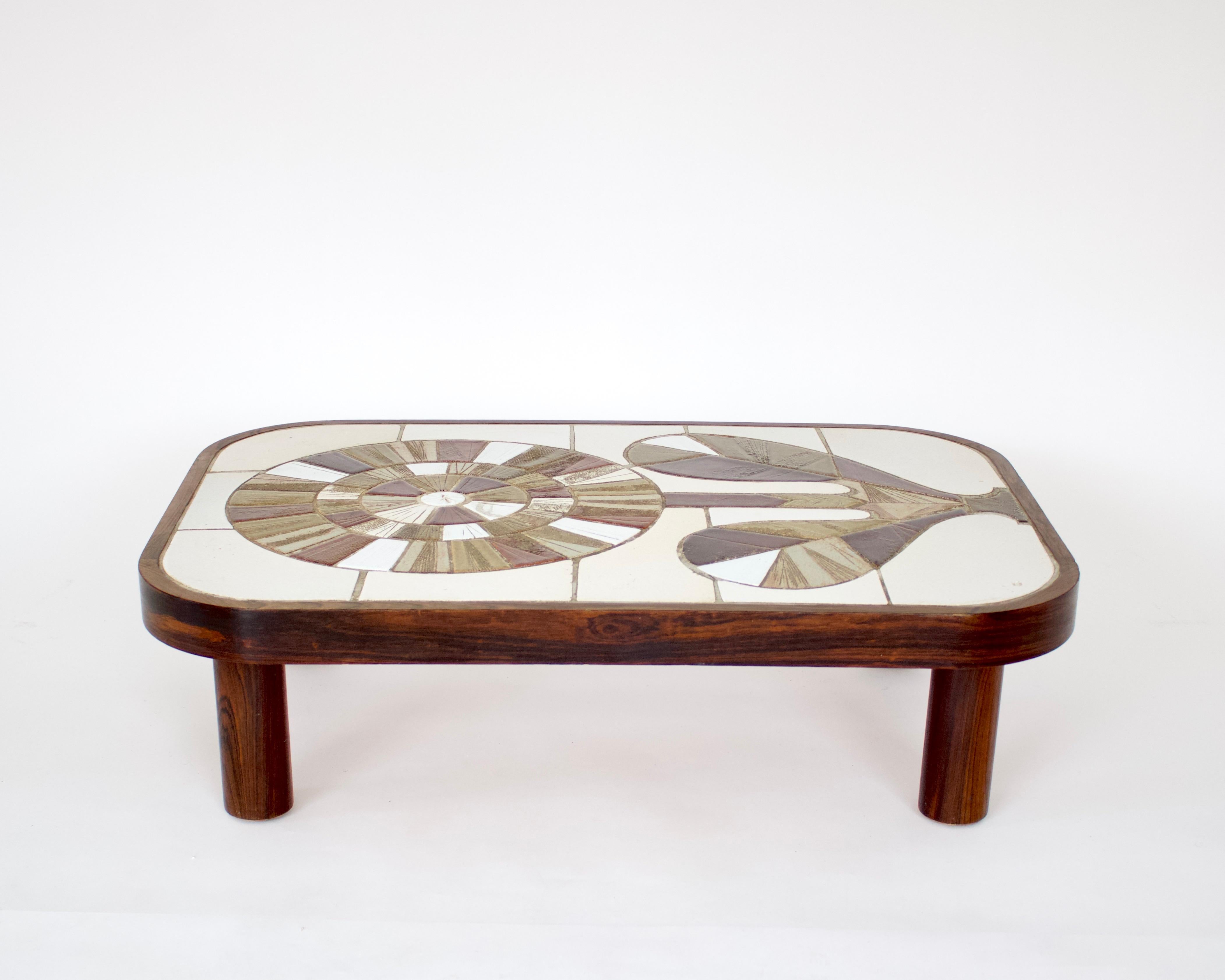 Mid-Century Modern Roger Capron French Ceramic Handmade Tile Sunflower Motif Coffee Table Vallauris