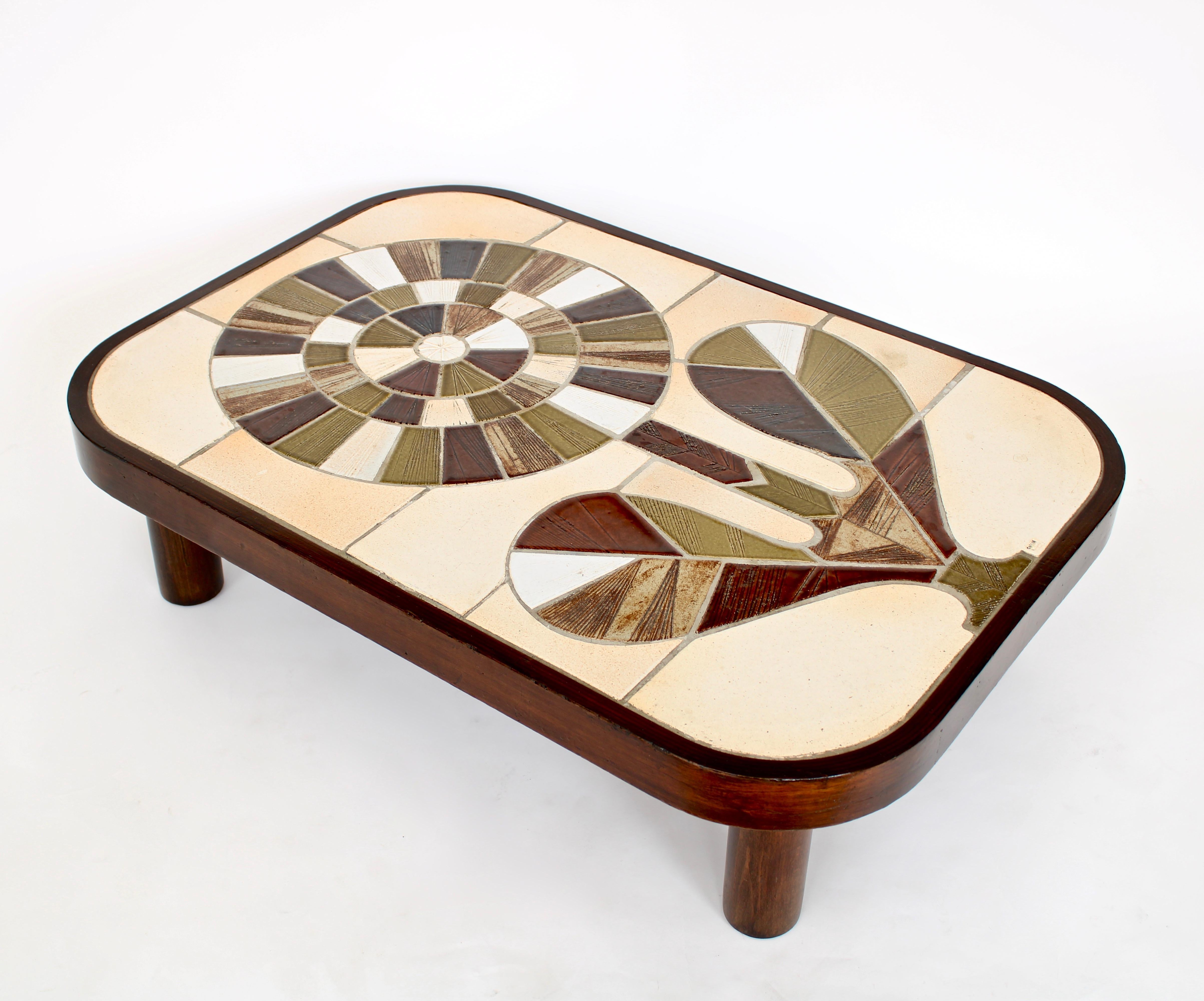 Mid-Century Modern Roger Capron French Ceramic Handmade Tile Sunflower Motif Coffee Table Vallauris