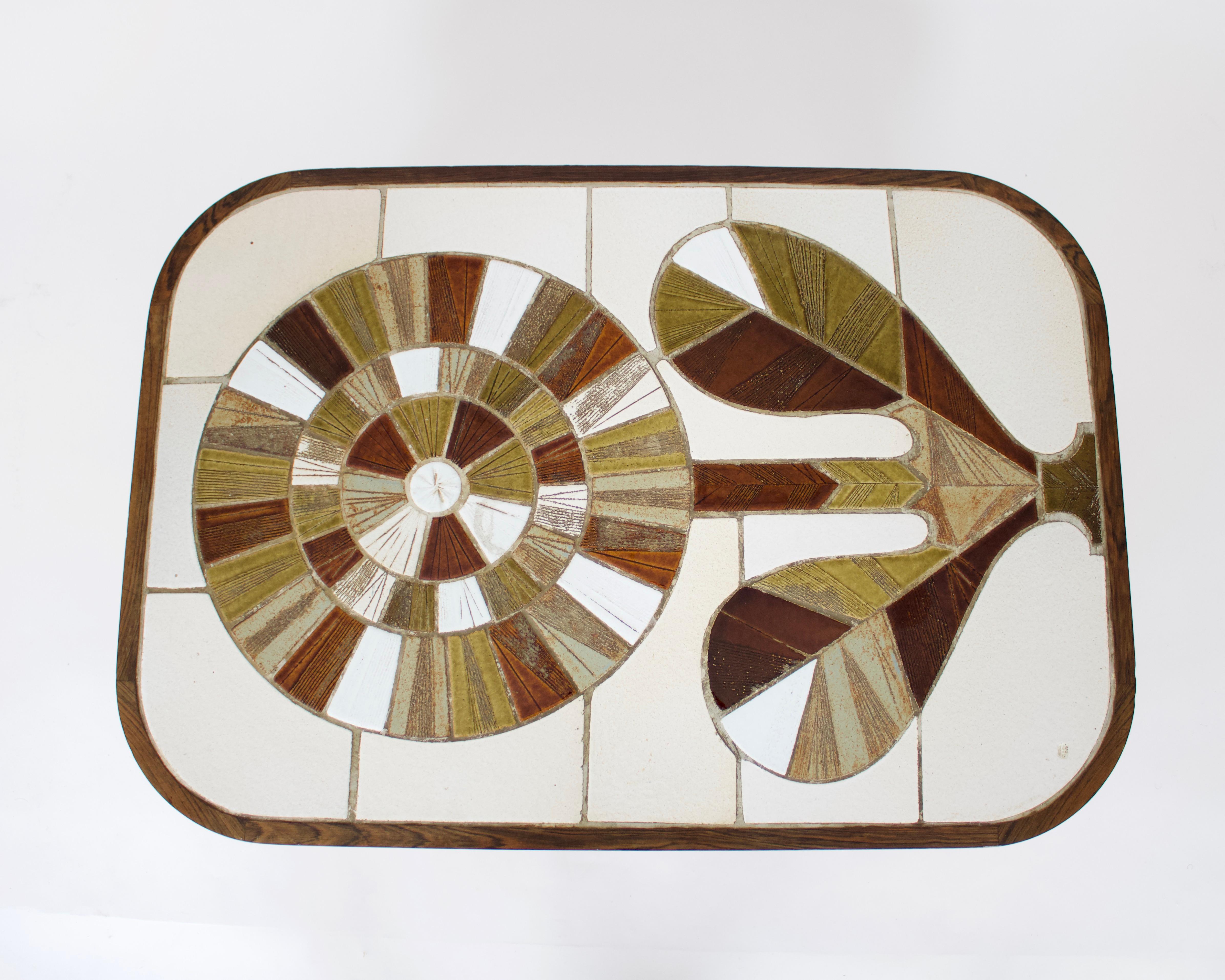 Milieu du XXe siècle Roger Capron French Ceramic Handmade Tile Sunflower Motif Coffee Table Vallauris