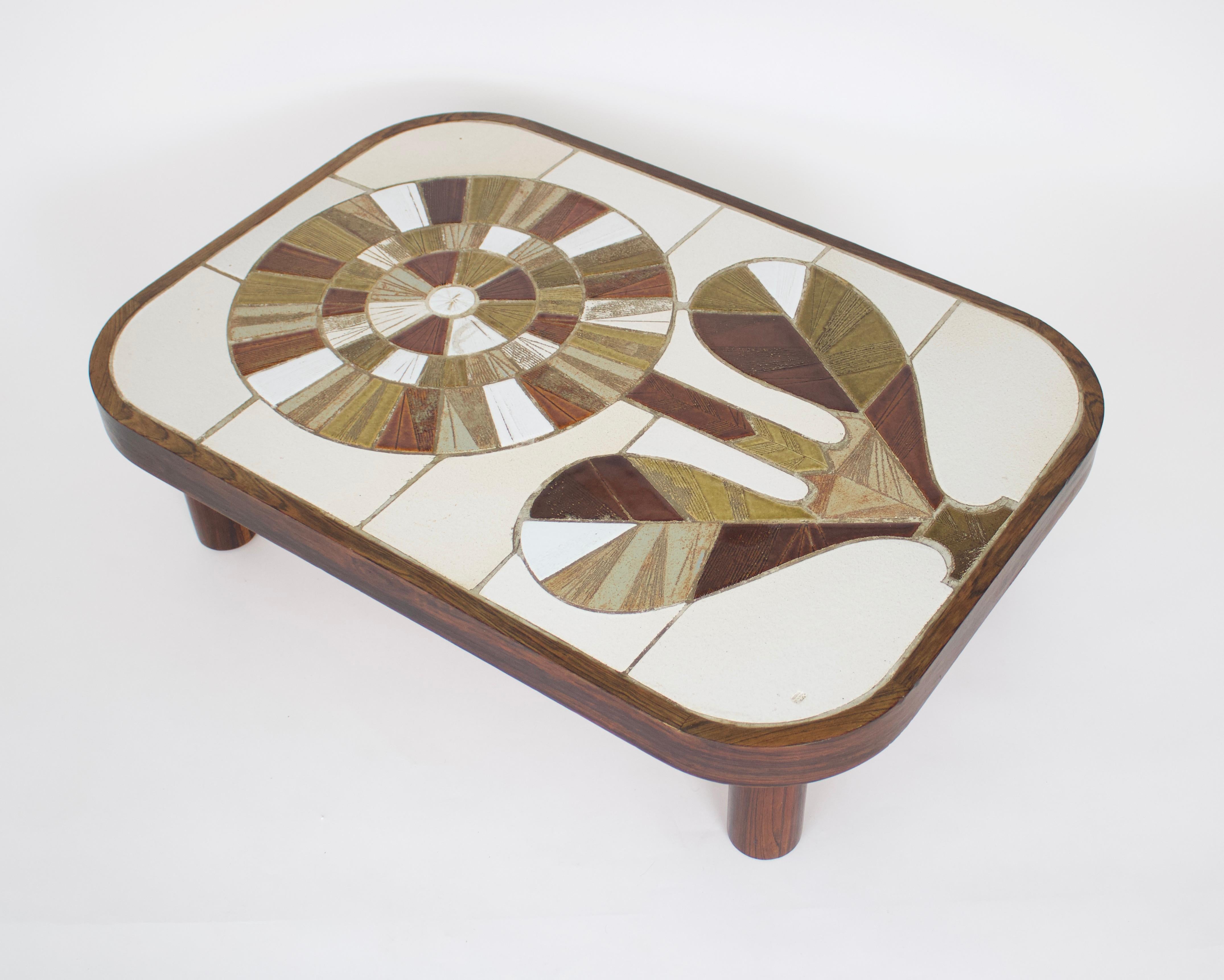 Céramique Roger Capron French Ceramic Handmade Tile Sunflower Motif Coffee Table Vallauris