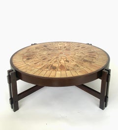 Roger Capron French Ceramic Oval Coffee Table with Garrigue Leaf Decorations