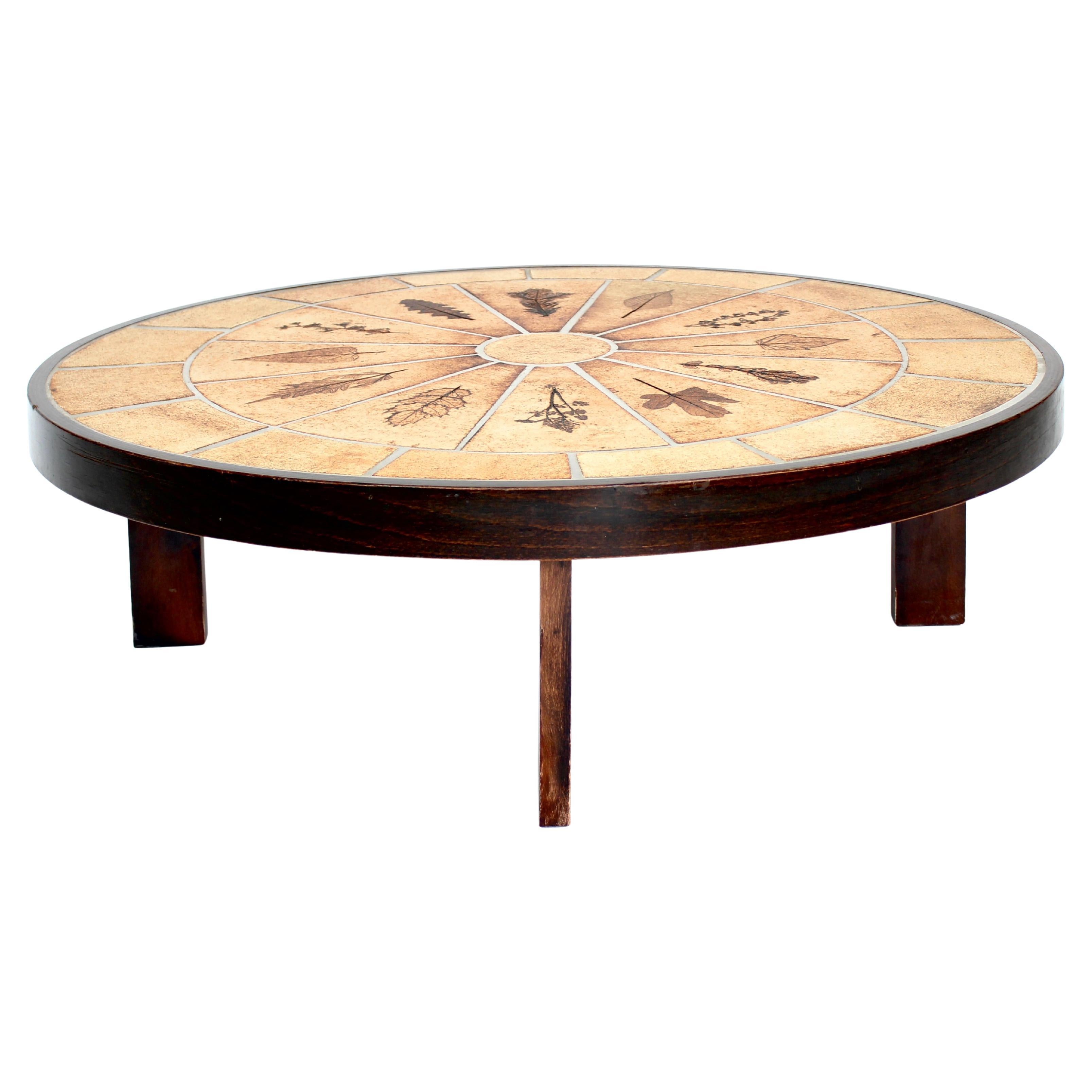 Roger Capron French Ceramic Oval Coffee Table with Garrigue Leaf Decorations