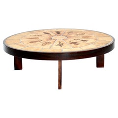 Roger Capron French Ceramic Oval Coffee Table with Garrigue Leaf Decorations
