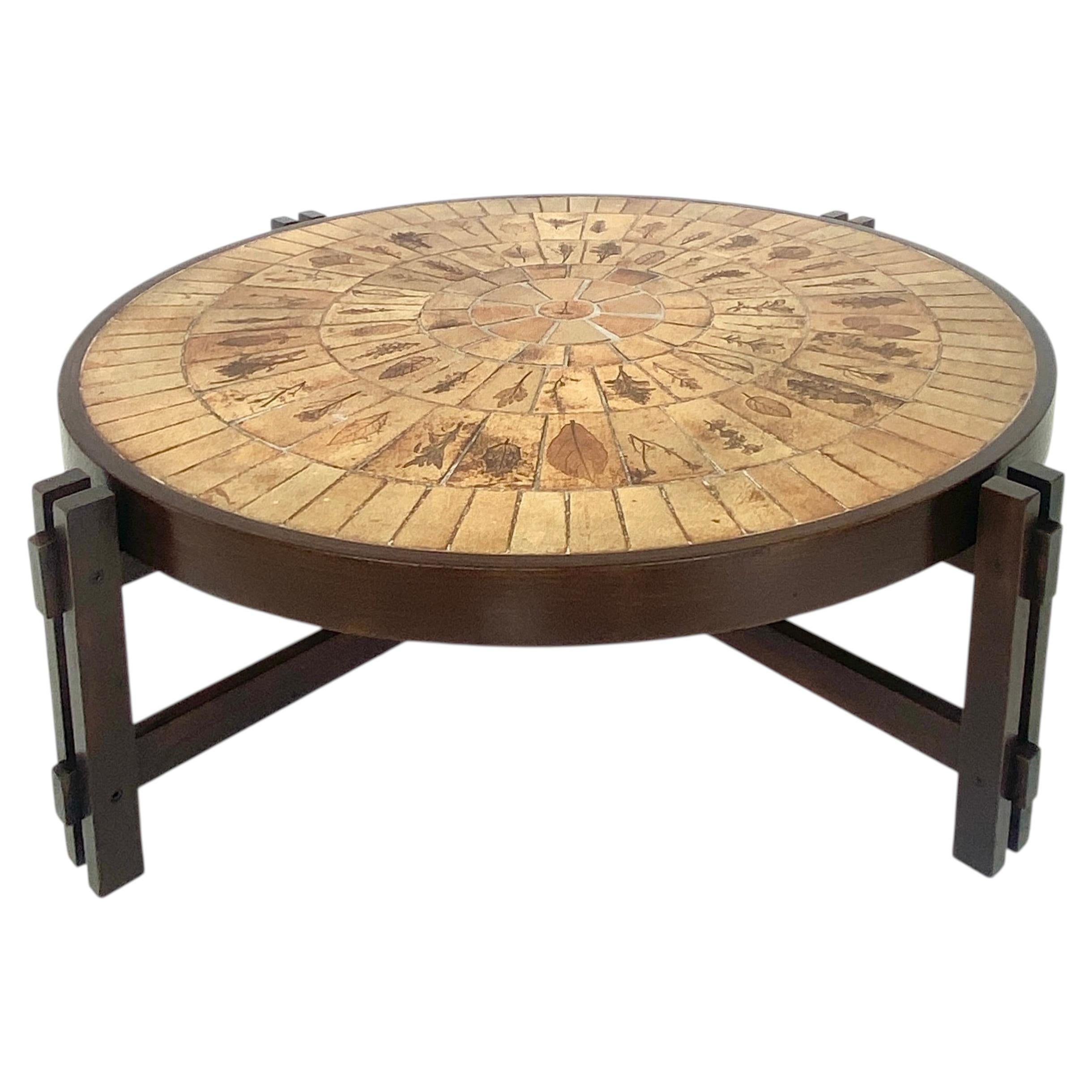 Roger Capron French Ceramic Oval Coffee Table with Garrigue Leaf Decorations