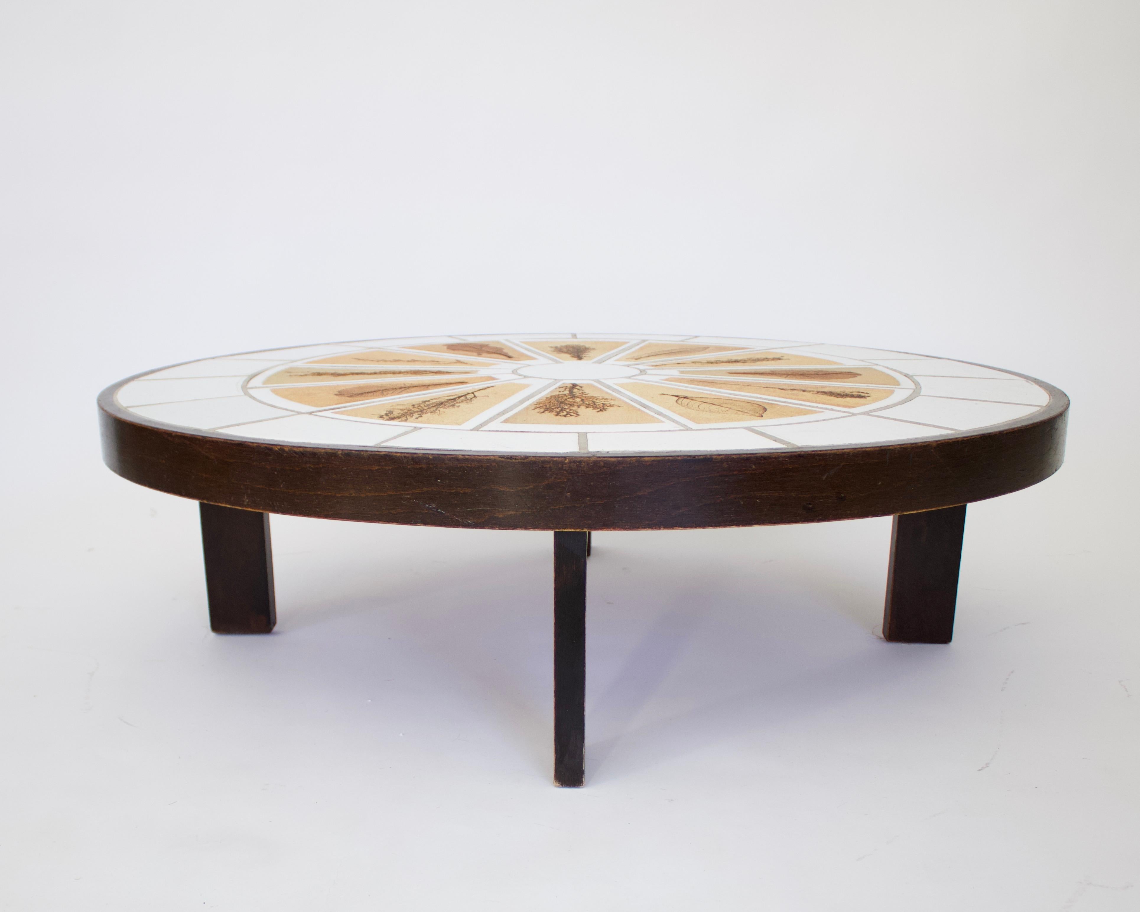 Mid-Century Modern Roger Capron French Ceramic Oval Coffee Table with Leaf Decorations For Sale