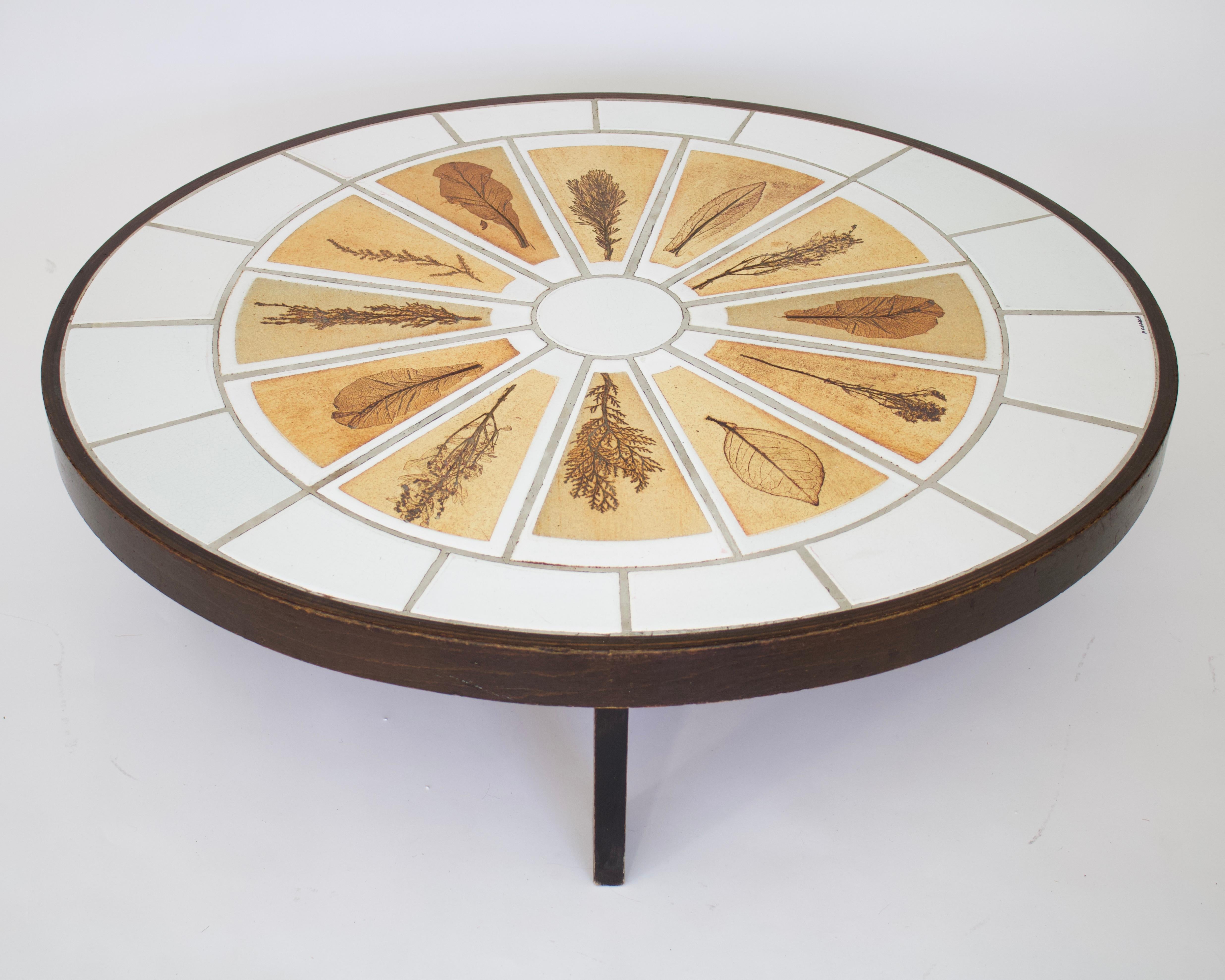 Mid-20th Century Roger Capron French Ceramic Oval Coffee Table with Leaf Decorations For Sale