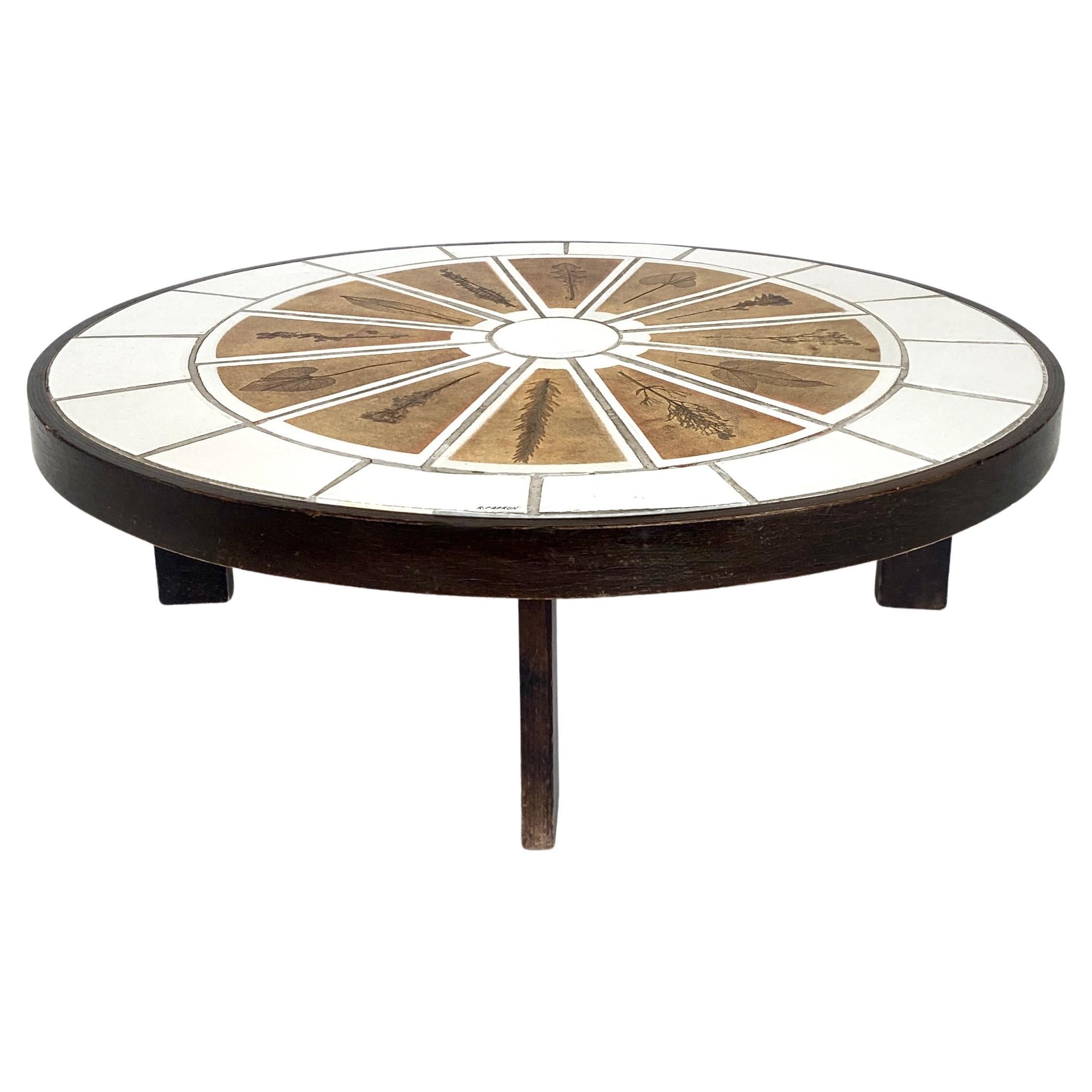 Roger Capron French Ceramic Coffee Table with Leaf Decorations Model Pamona