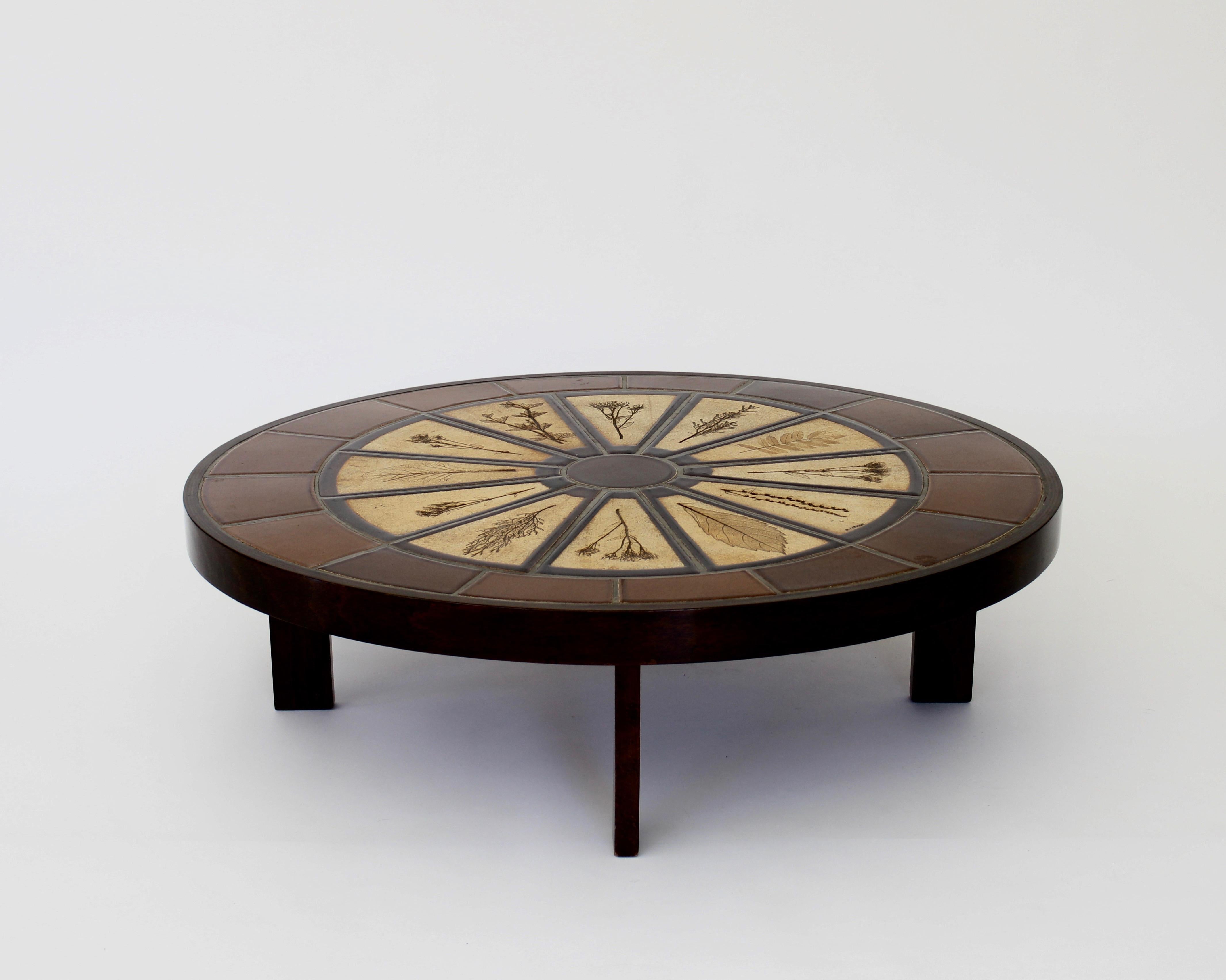 Mid-Century Modern Roger Capron French Ceramic Round Coffee Table with Leaf Decorations
