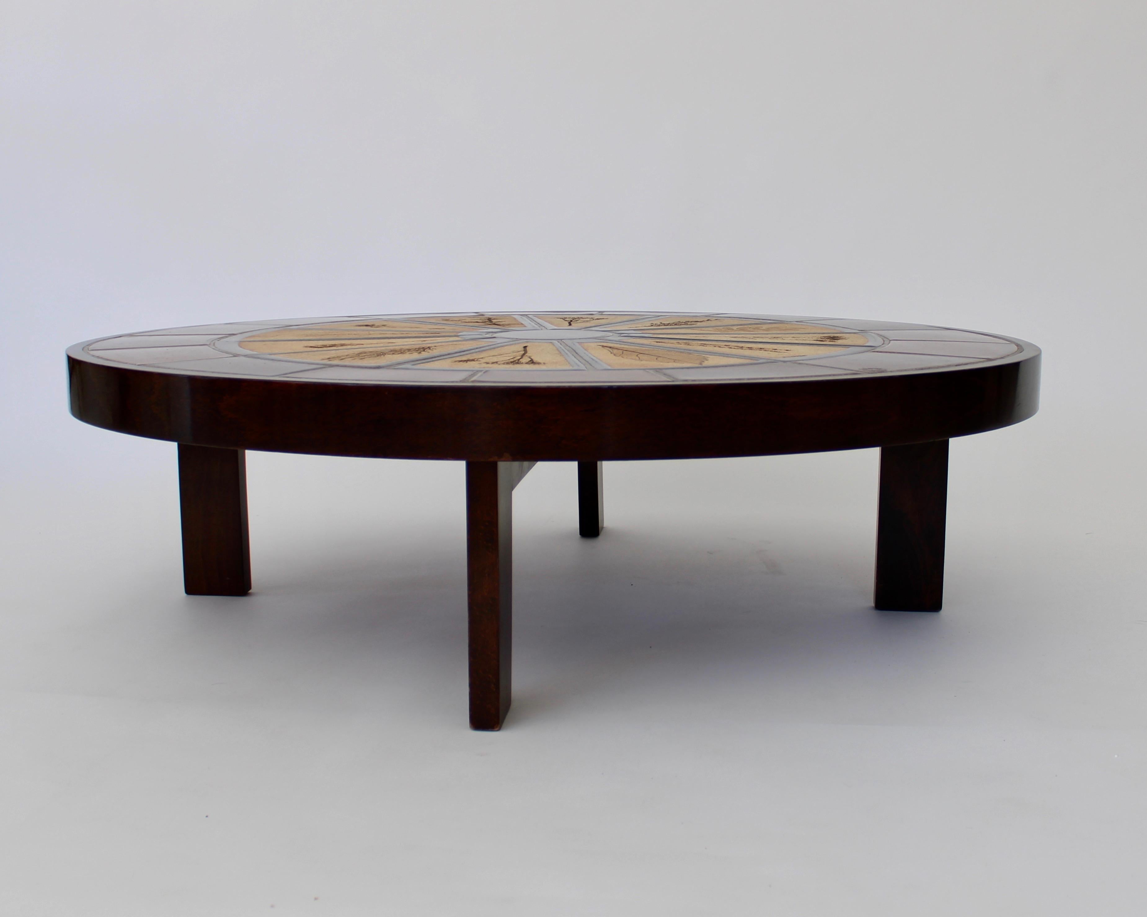 Mid-20th Century Roger Capron French Ceramic Round Coffee Table with Leaf Decorations