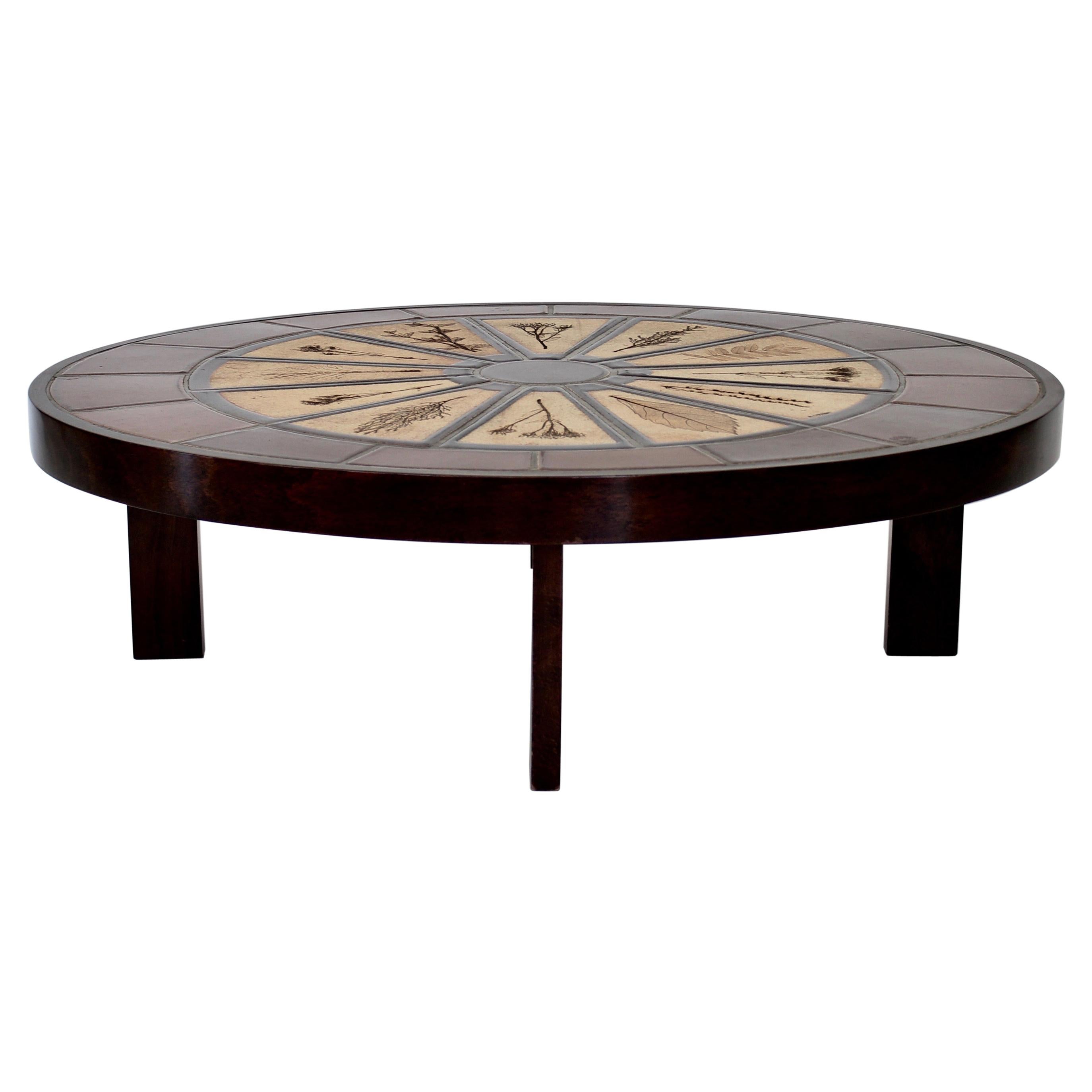 Roger Capron French Ceramic Round Coffee Table with Leaf Decorations