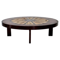 Table basse ronde en céramique française Roger Capron avec décorations en feuilles