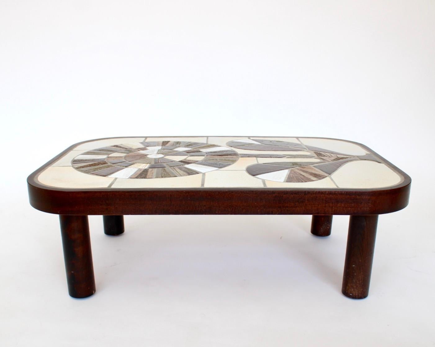 Mid-Century Modern Roger Capron French Ceramic Sunflower Motif Coffee Table Vallauris For Sale
