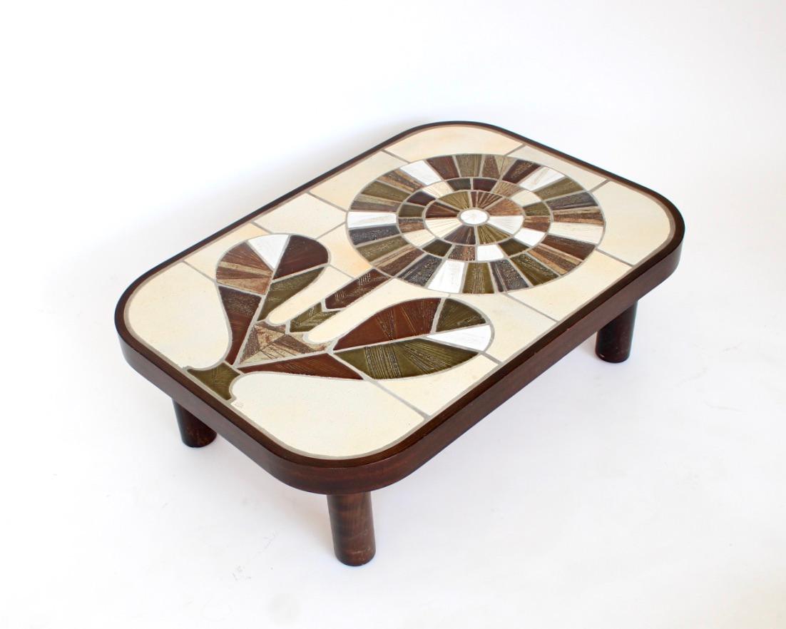 Mid-20th Century Roger Capron French Ceramic Sunflower Motif Coffee Table Vallauris For Sale