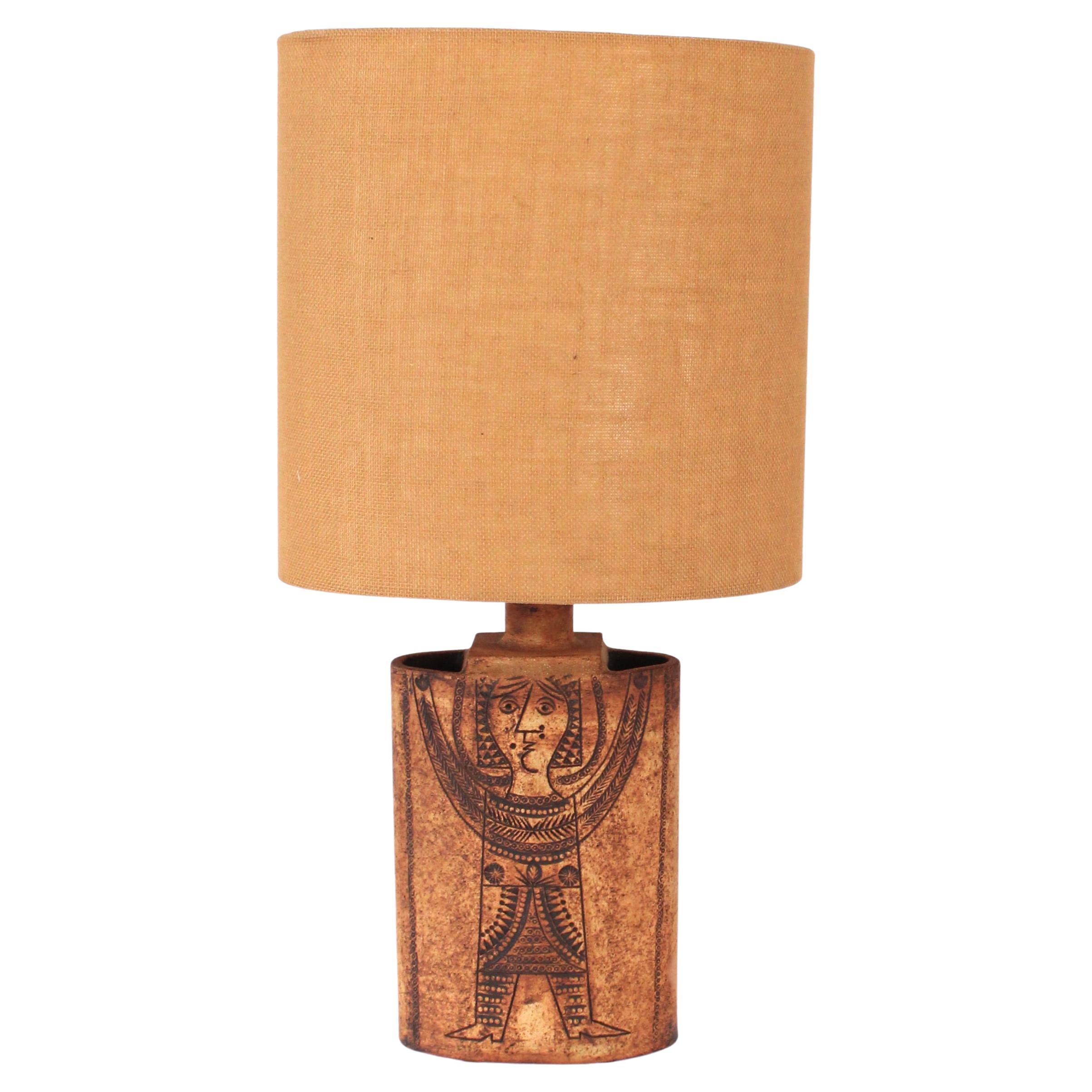 Roger Capron French Ceramic Table Lamp Ochre Incised Figure Decoration Vallauris For Sale
