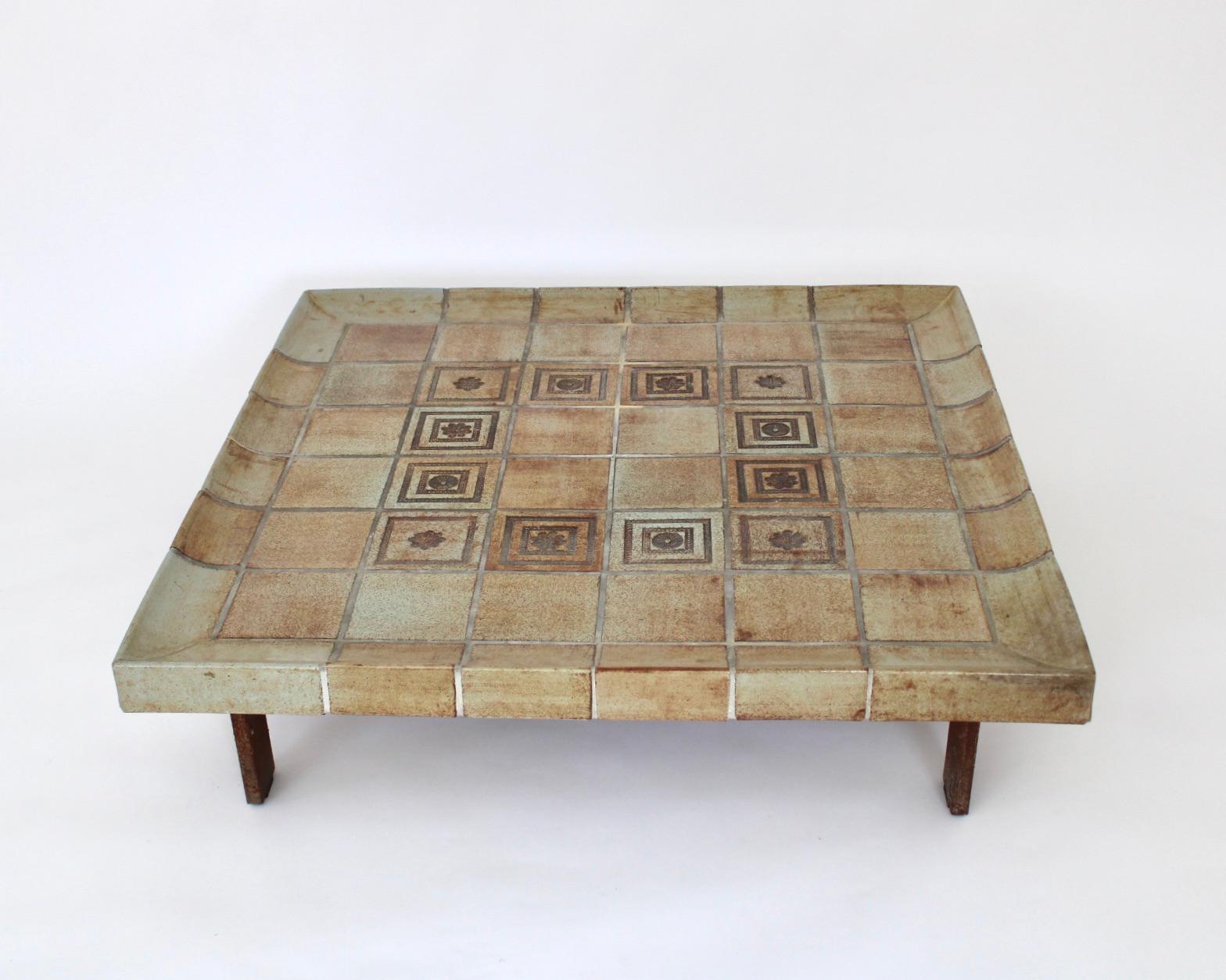 Roger Capron French Ceramic Tile Coffee Table Model Double Cuvette Vallauris In Good Condition For Sale In Chicago, IL