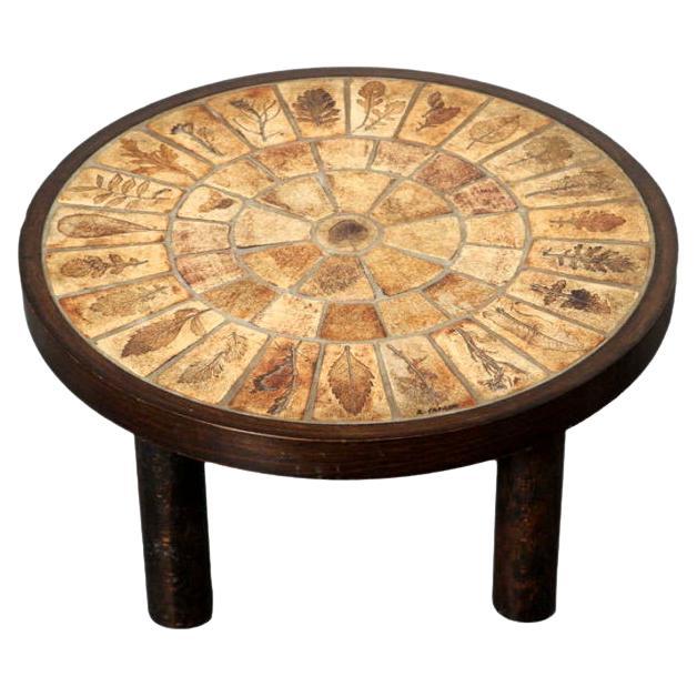 Roger Capron - Vintage Round Side Table with Garrigue Tiles on Wood Frame 
