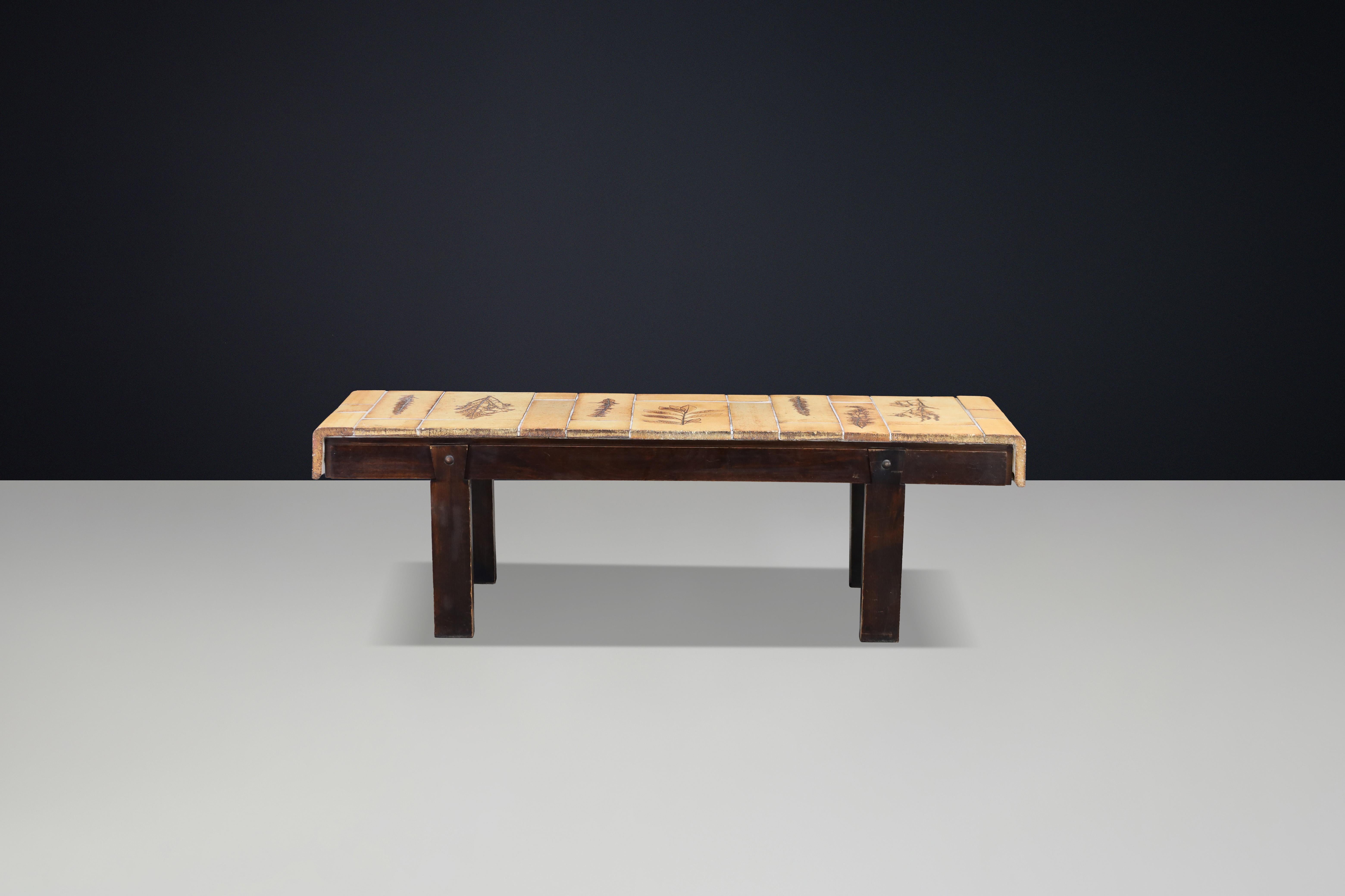 French Roger Capron “Garrigue” Coffee Table with Botanical Tiles, France, 1960s For Sale