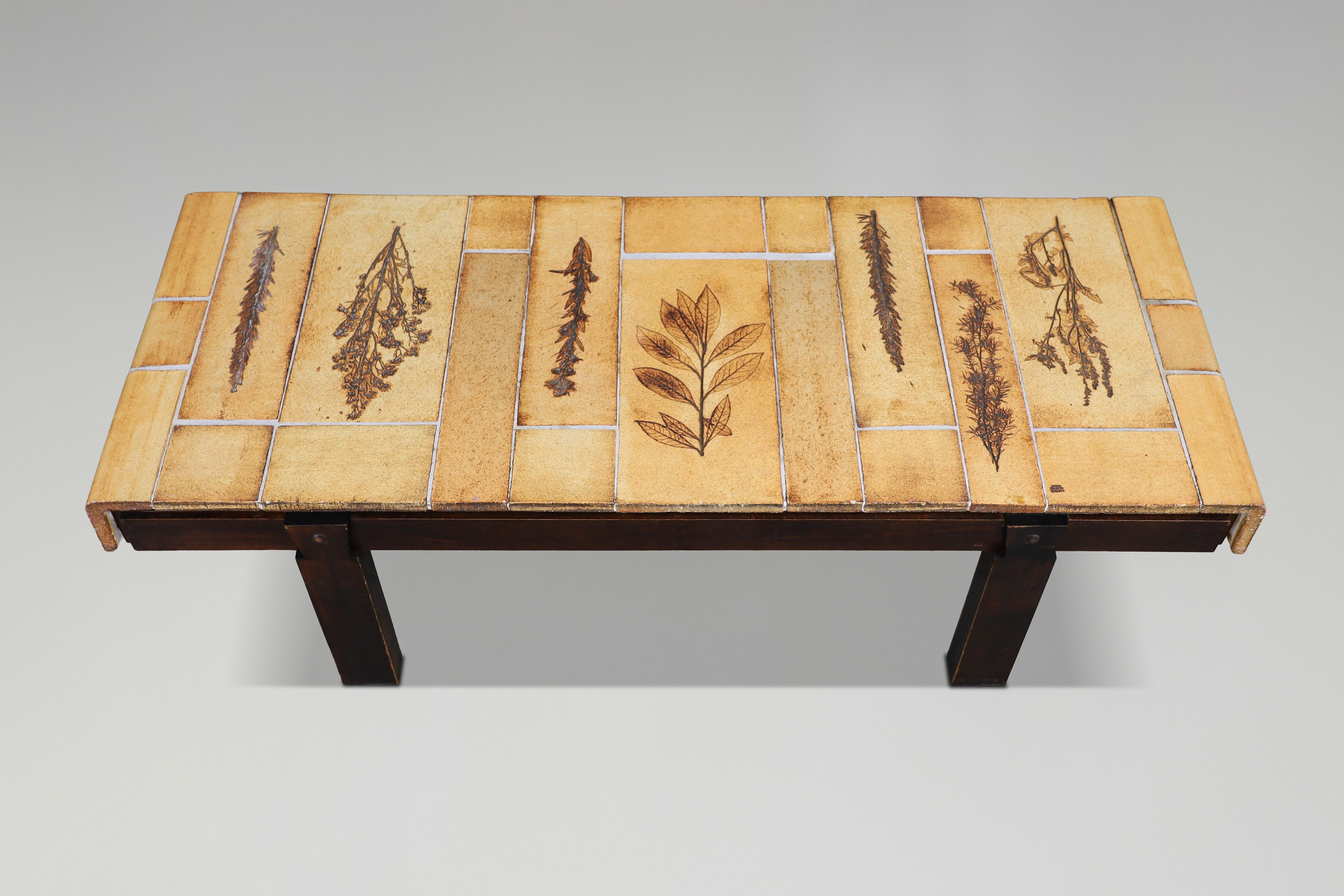 20th Century Roger Capron “Garrigue” Coffee Table with Botanical Tiles, France, 1960s For Sale
