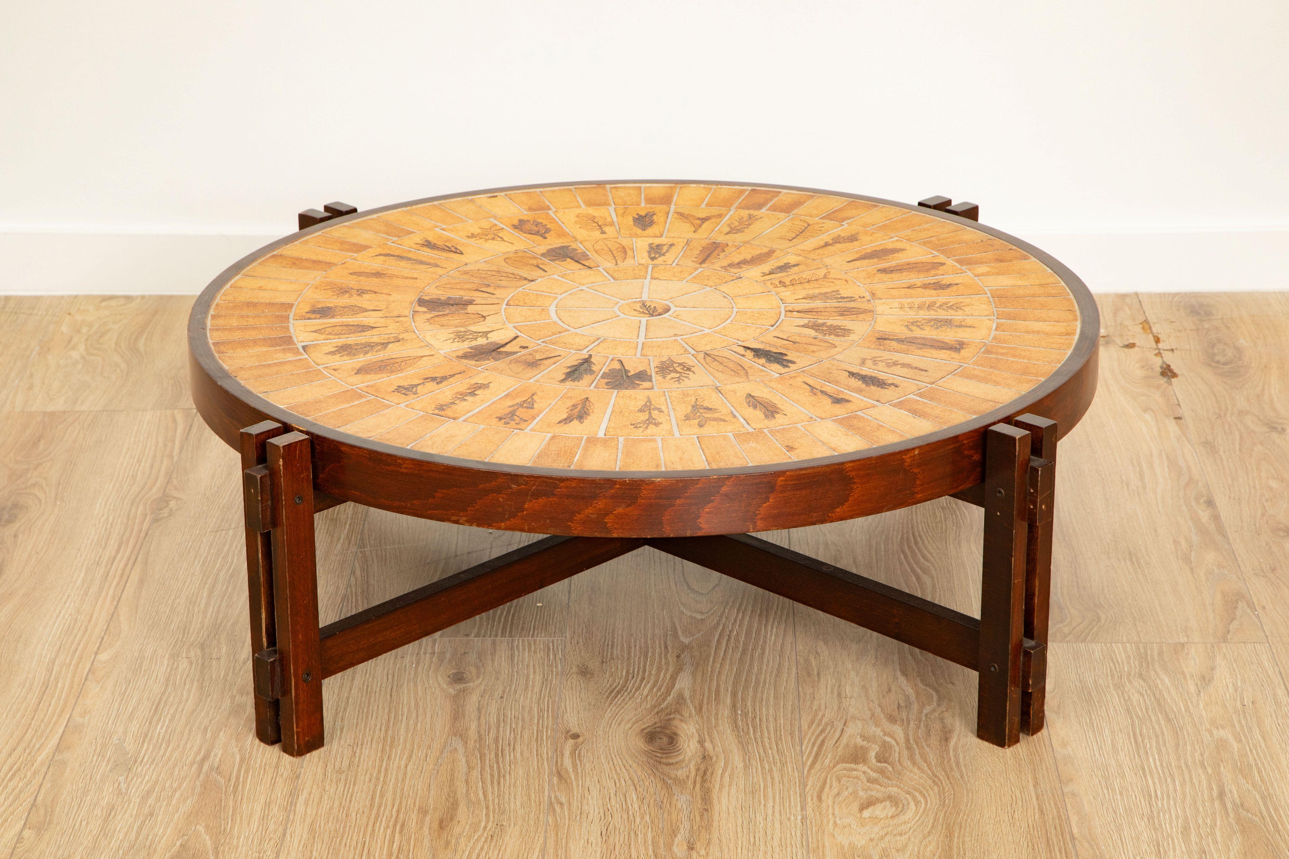 Mid-Century Modern Roger Capron “Garrigue” Round Coffee Table, Ceramic Tile Top, France 1970 For Sale