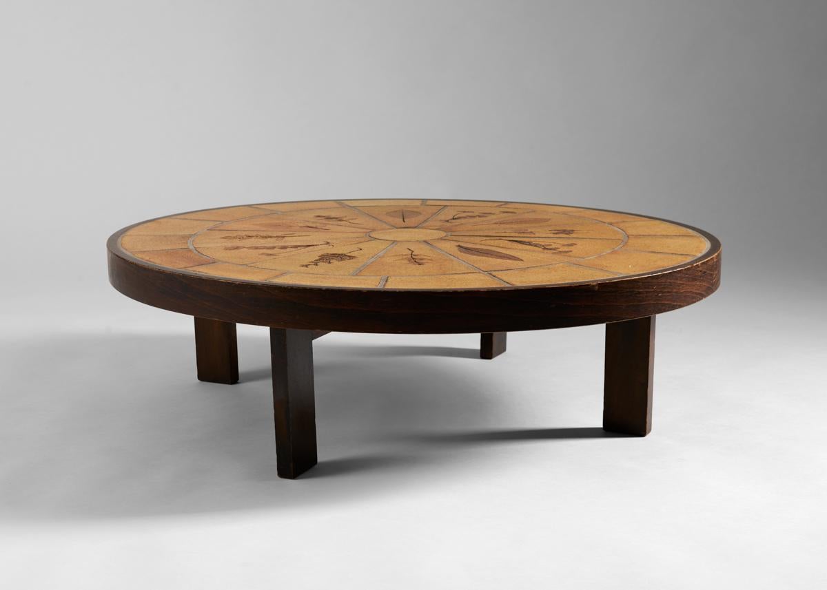 French Roger Capron, Grès Des Garrigues, Ceramic Top Round Coffee Table, France, 1960s For Sale