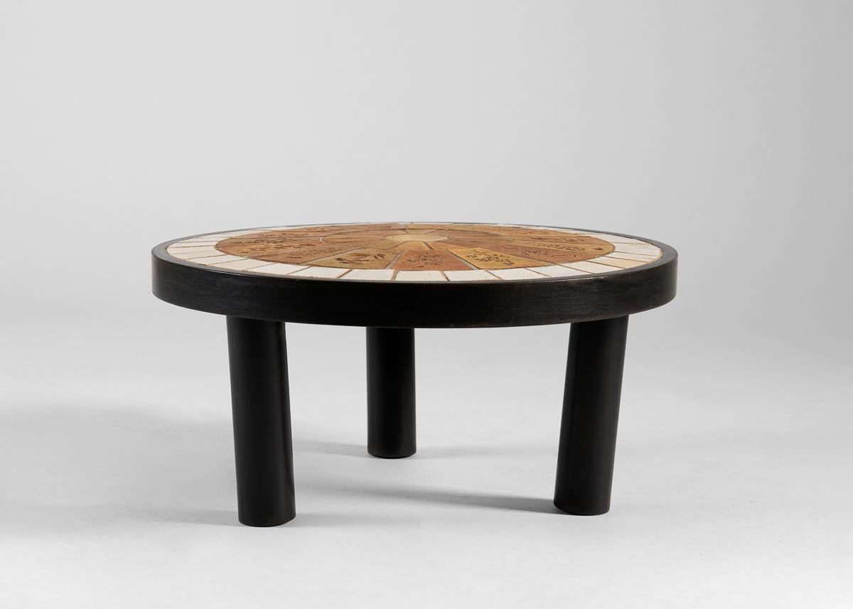 French Roger Capron, Grès Des Garrigues, Ceramic Top Round Coffee Table, France, 1968 For Sale