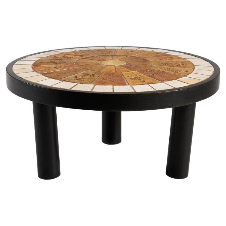 Roger Capron, Grès Des Garrigues, Ceramic Top Round Coffee Table, France, 1968