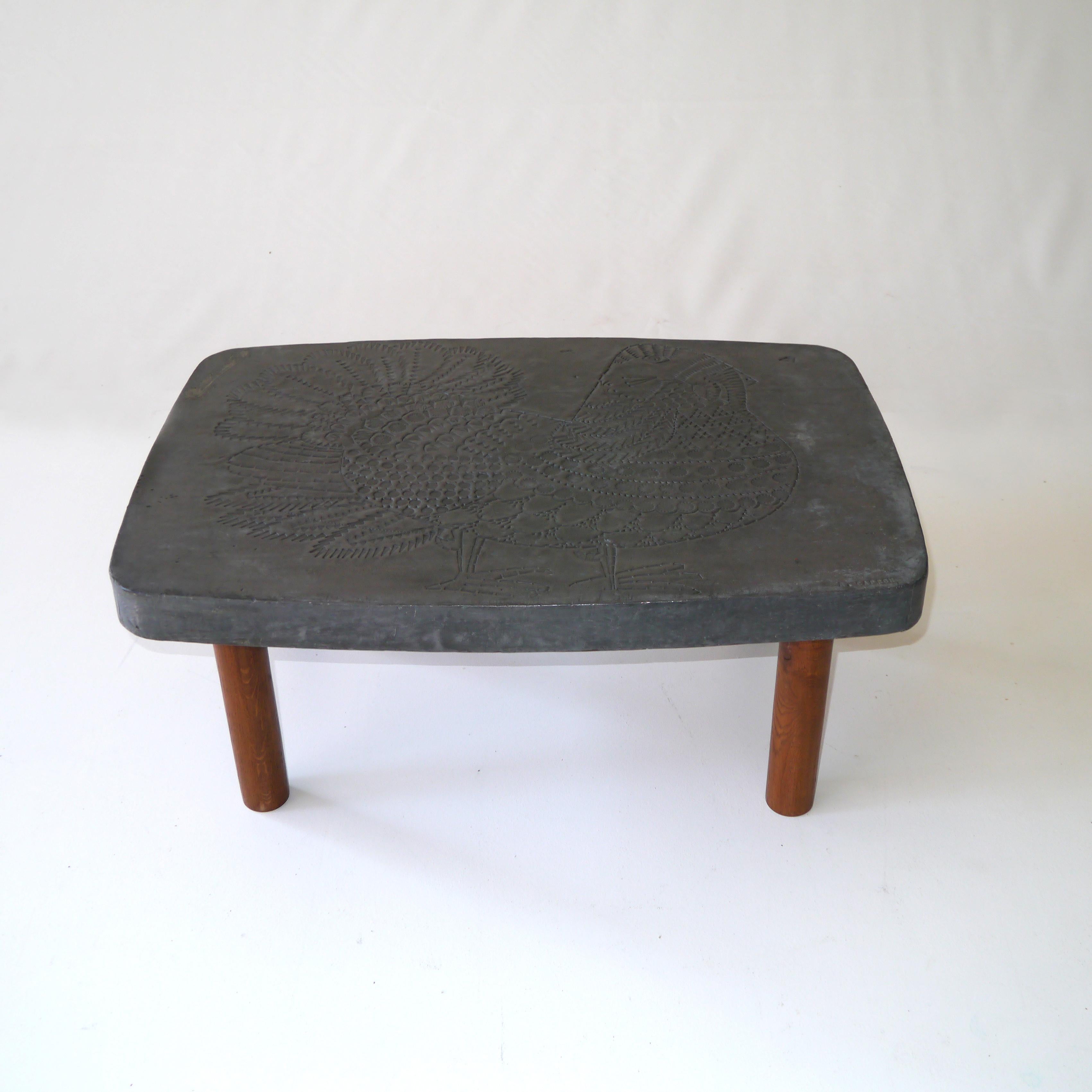 Embossed Roger Capron, Iconic Low Table, France, circa 1968 For Sale