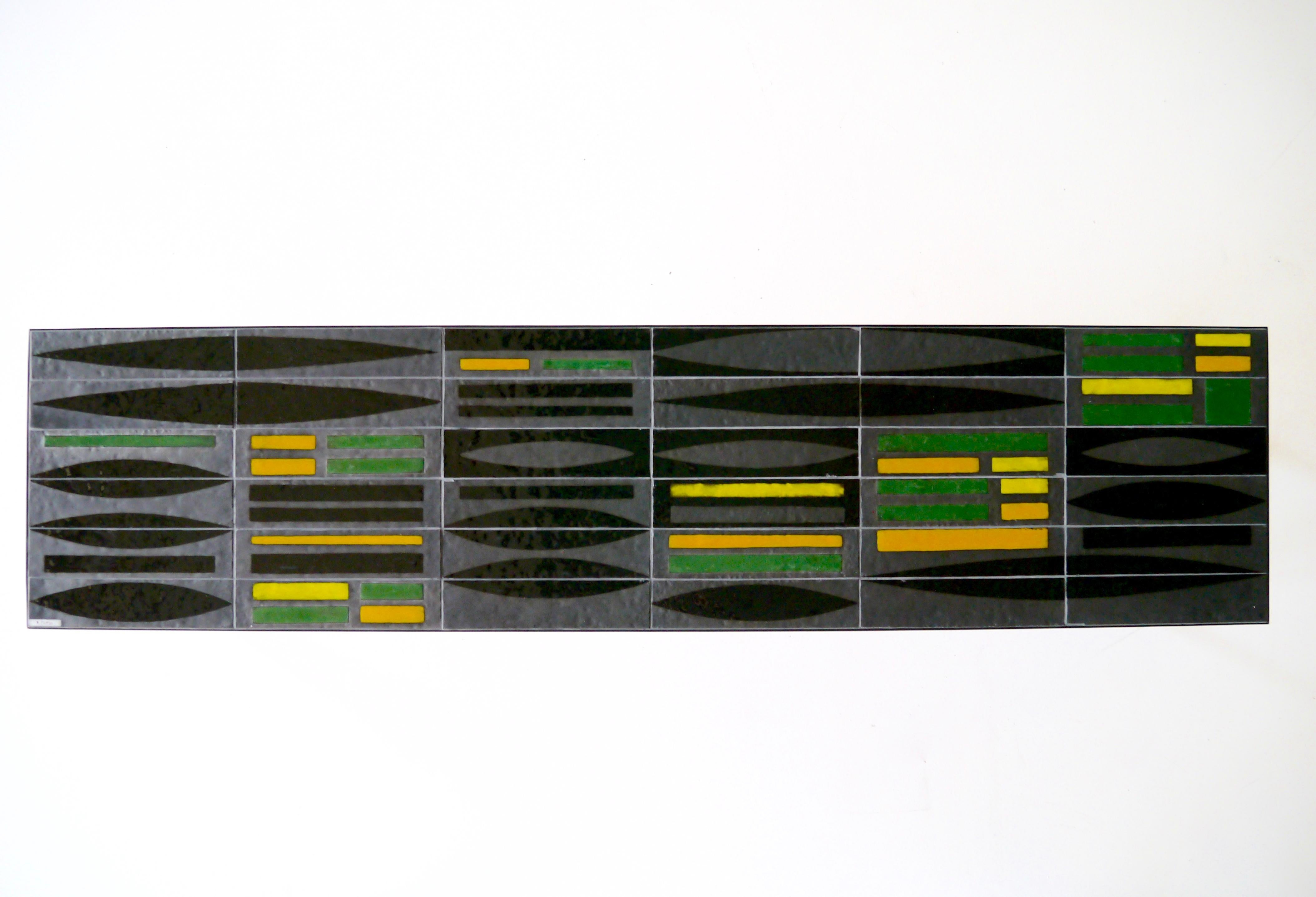 A wonderful and very unusual example of Roger Capron's work from the 1950s.
Black hammered ceramic tiles with rhythmic drawings realized in black and various shades of yellow and green vibrant glazes.
Signed by the Artist.
Frame and legs in black