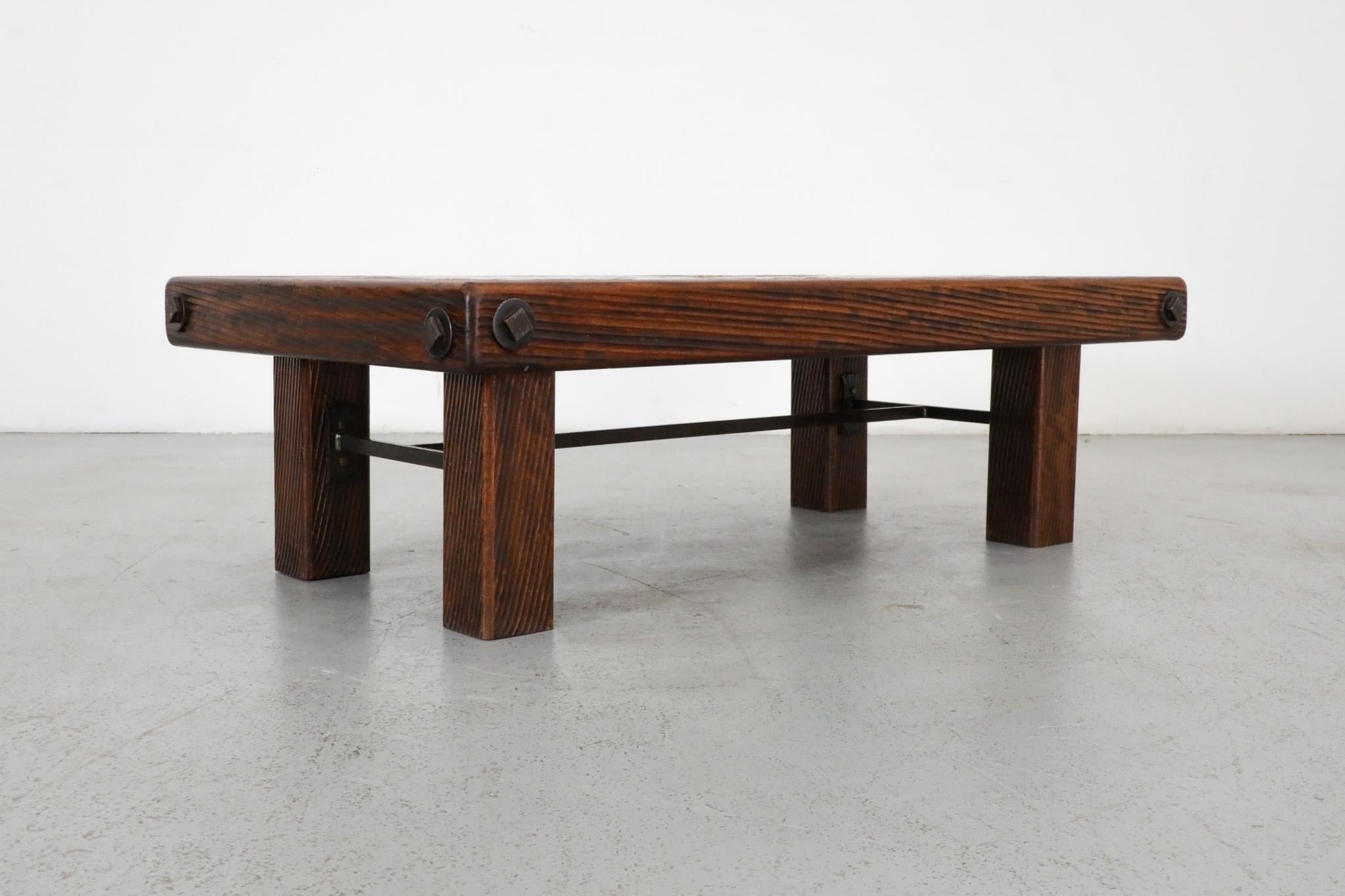 Roger Capron Inspired Brutalist Oak and Tile Table or Bench w/ Trestle Supports For Sale 3
