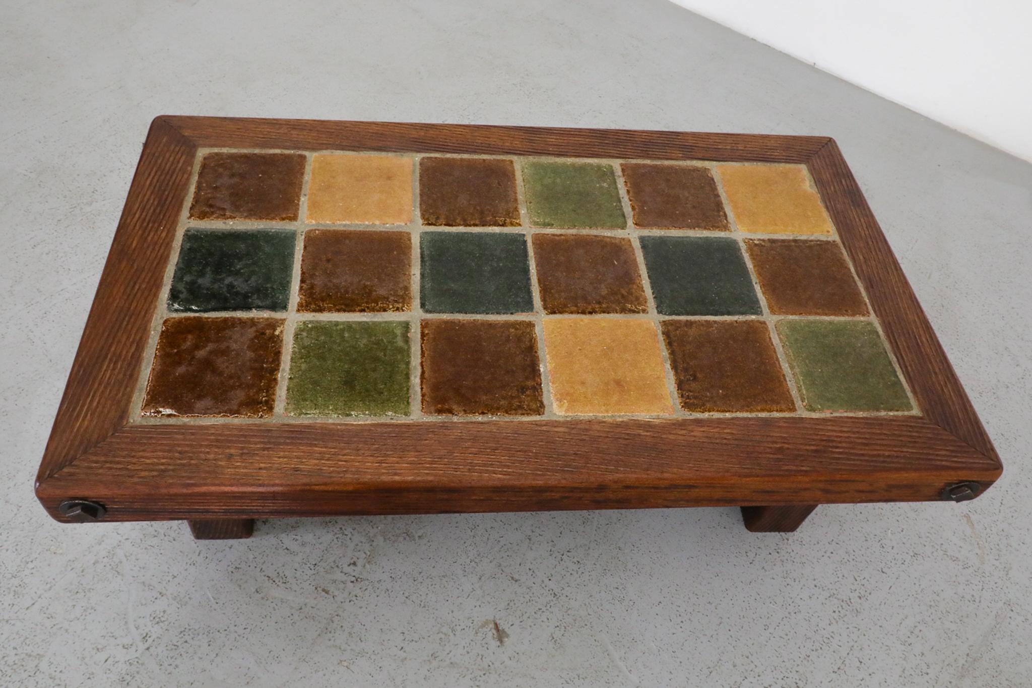 Roger Capron Inspired Brutalist Oak and Tile Table or Bench w/ Trestle Supports For Sale 4