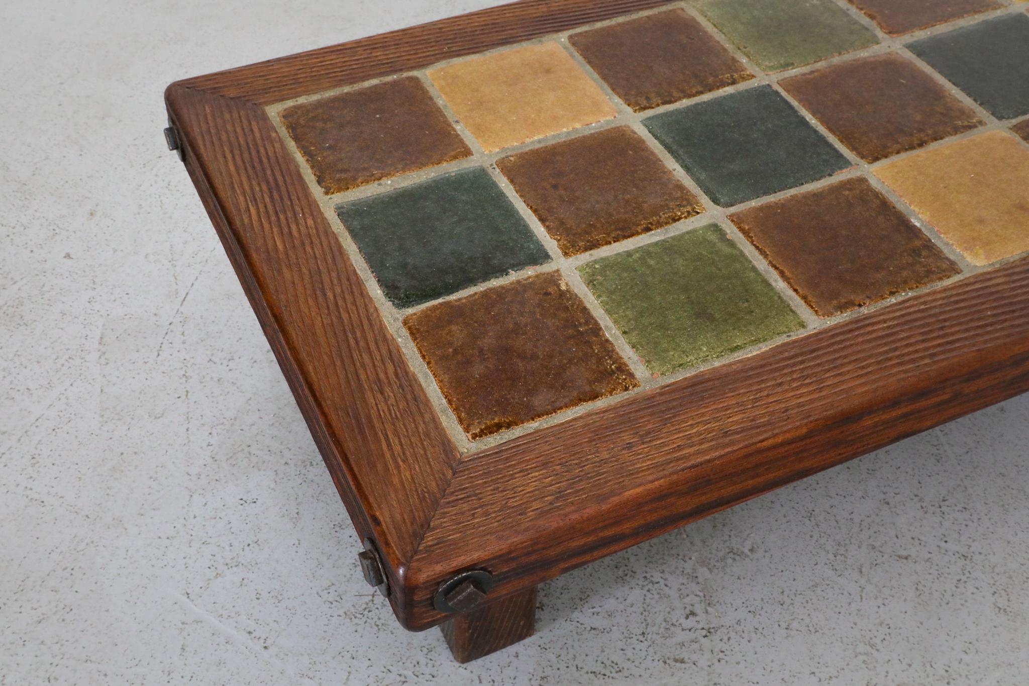 Roger Capron Inspired Brutalist Oak and Tile Table or Bench w/ Trestle Supports For Sale 5
