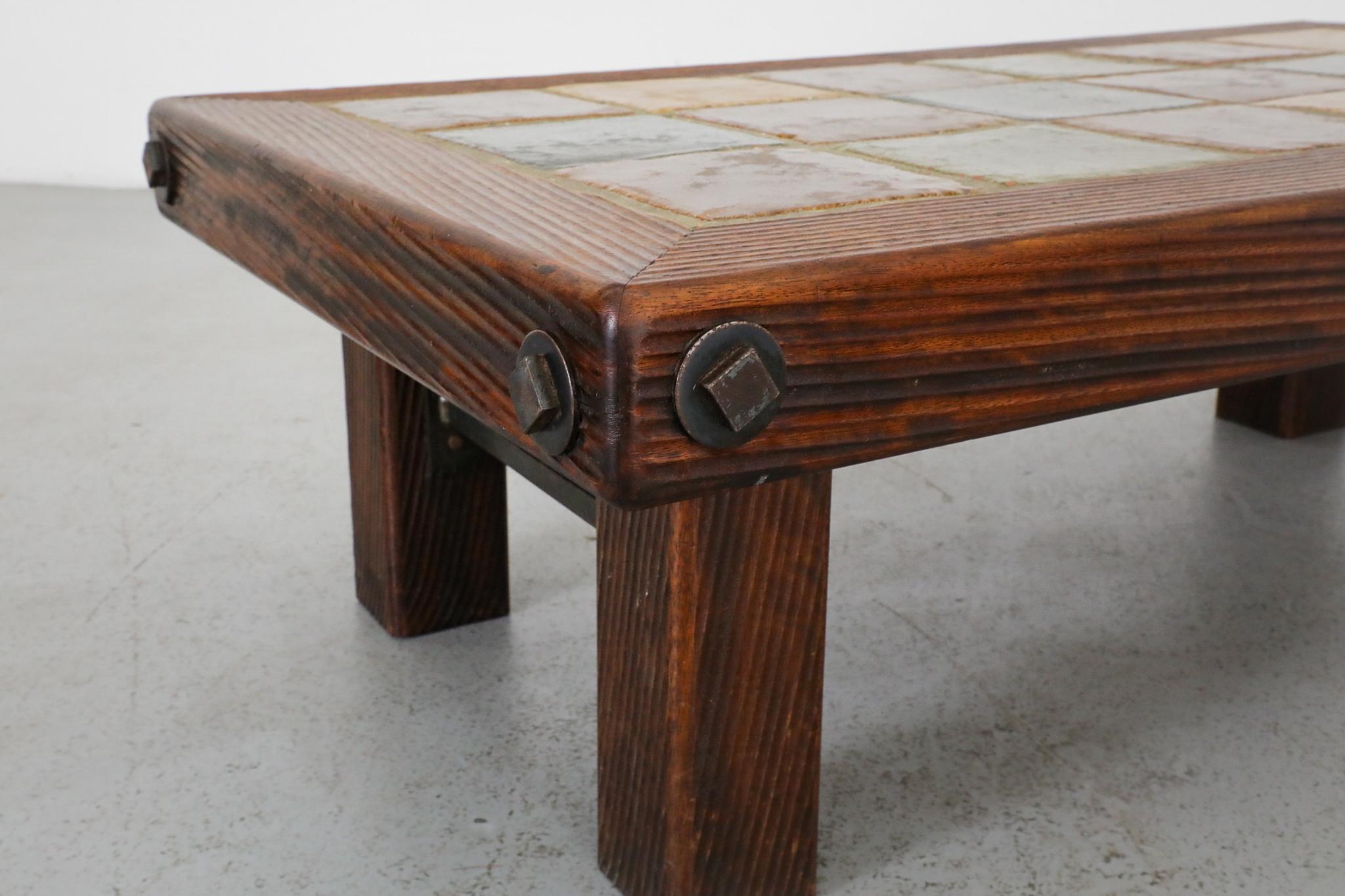 Roger Capron Inspired Brutalist Oak and Tile Table or Bench w/ Trestle Supports For Sale 6