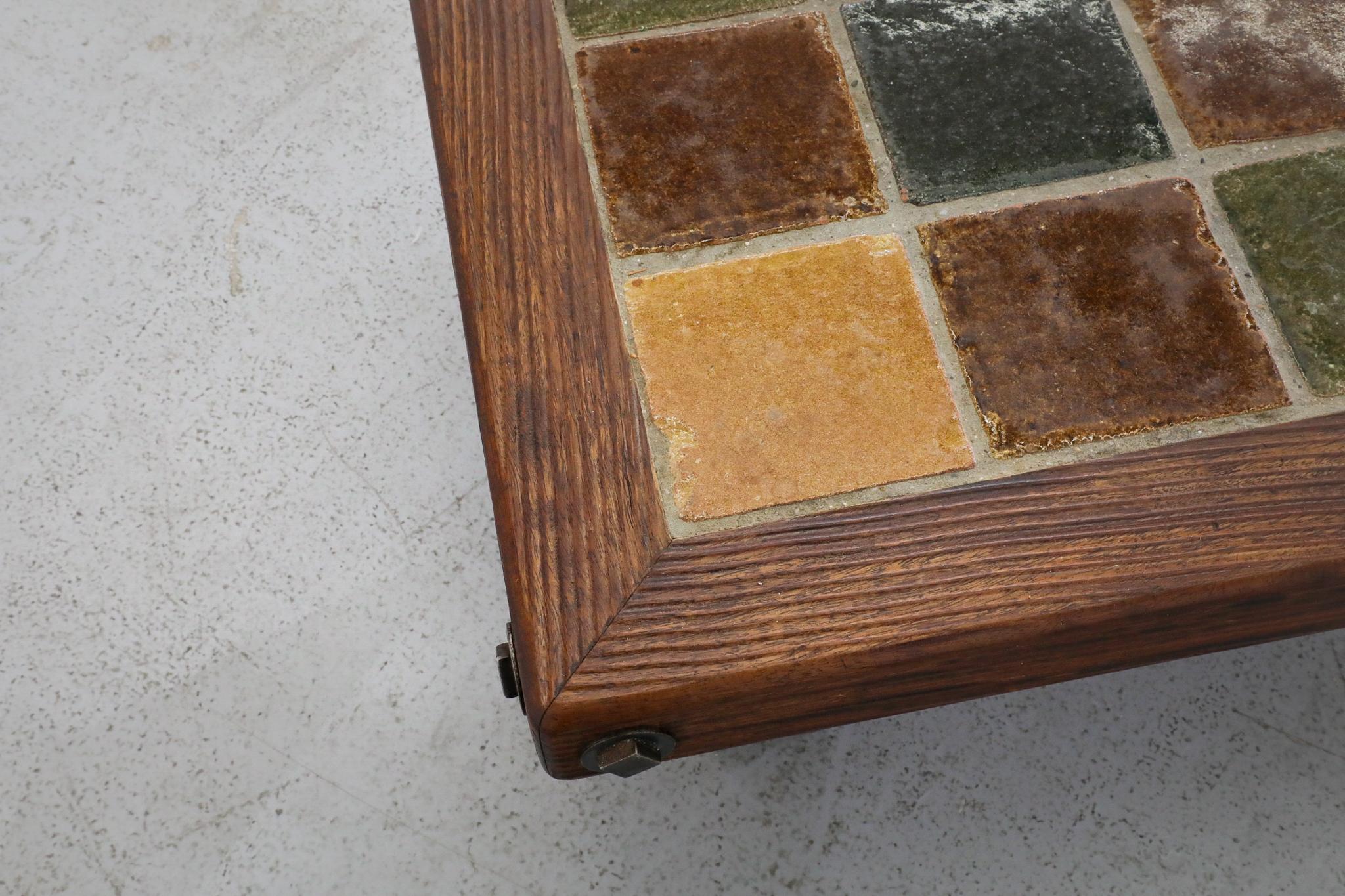 Roger Capron Inspired Brutalist Oak and Tile Table or Bench w/ Trestle Supports For Sale 7
