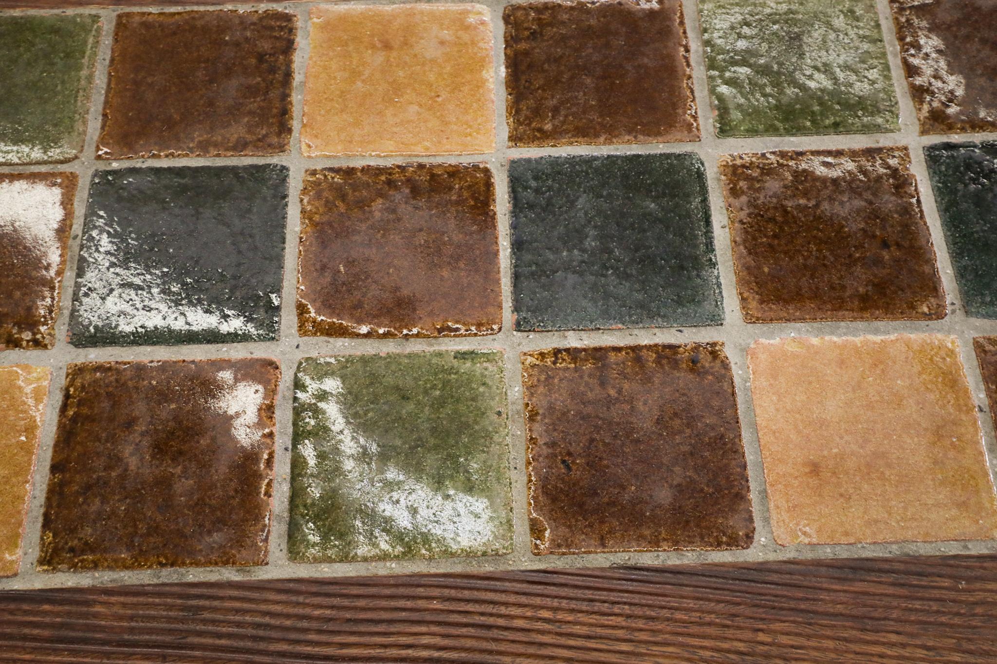 Roger Capron Inspired Brutalist Oak and Tile Table or Bench w/ Trestle Supports For Sale 8