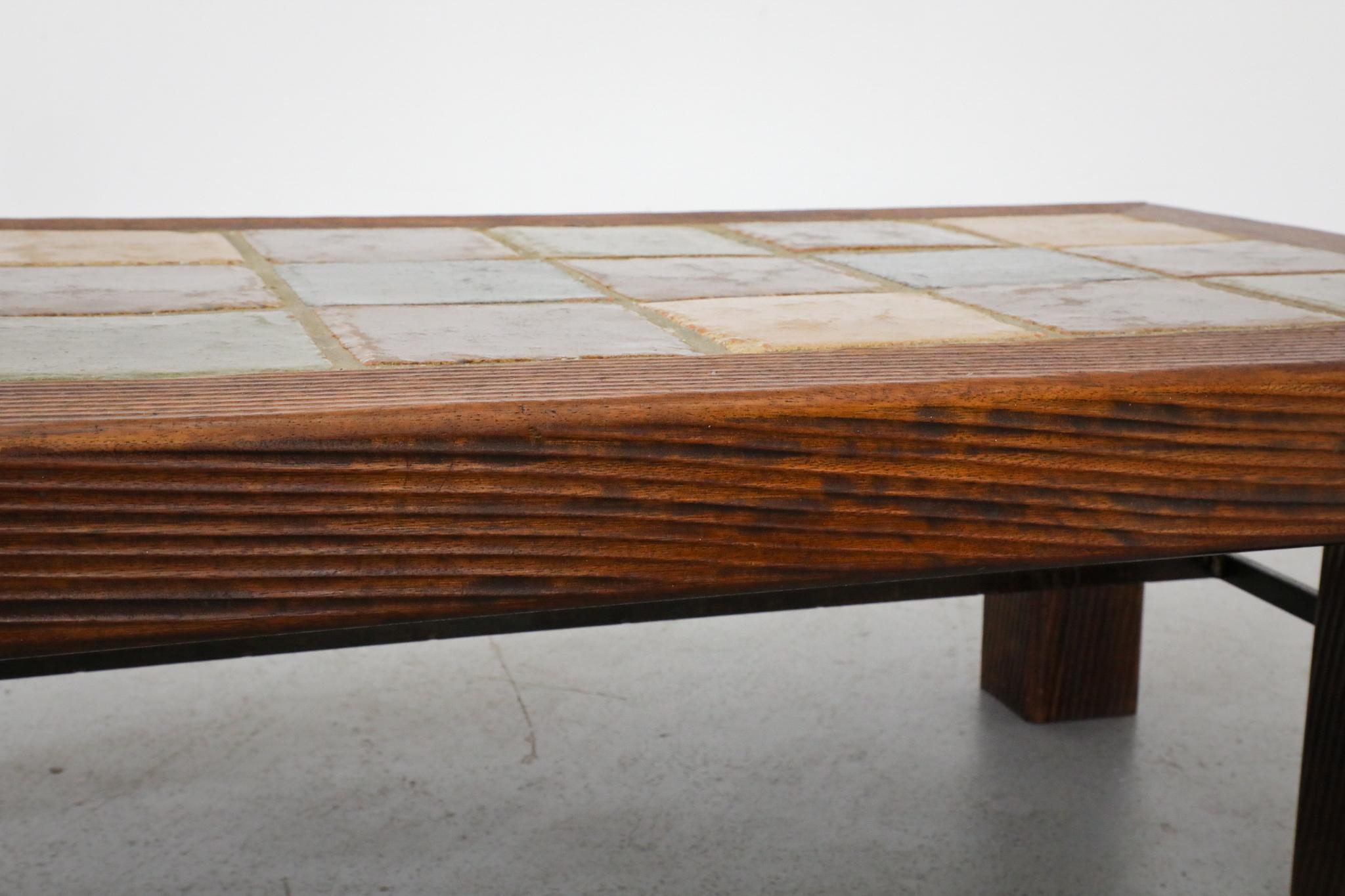 Roger Capron Inspired Brutalist Oak and Tile Table or Bench w/ Trestle Supports For Sale 10
