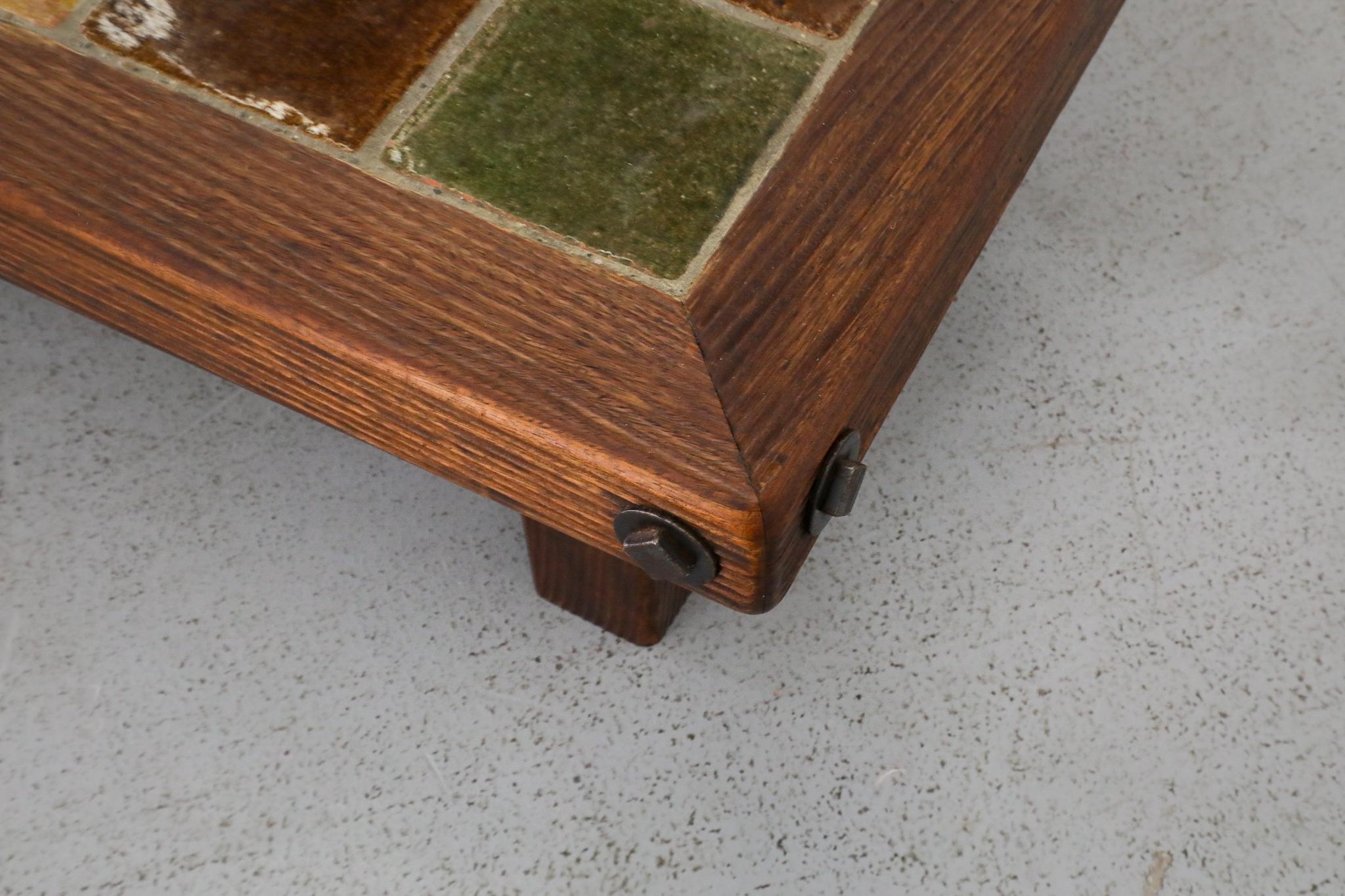Roger Capron Inspired Brutalist Oak and Tile Table or Bench w/ Trestle Supports For Sale 11