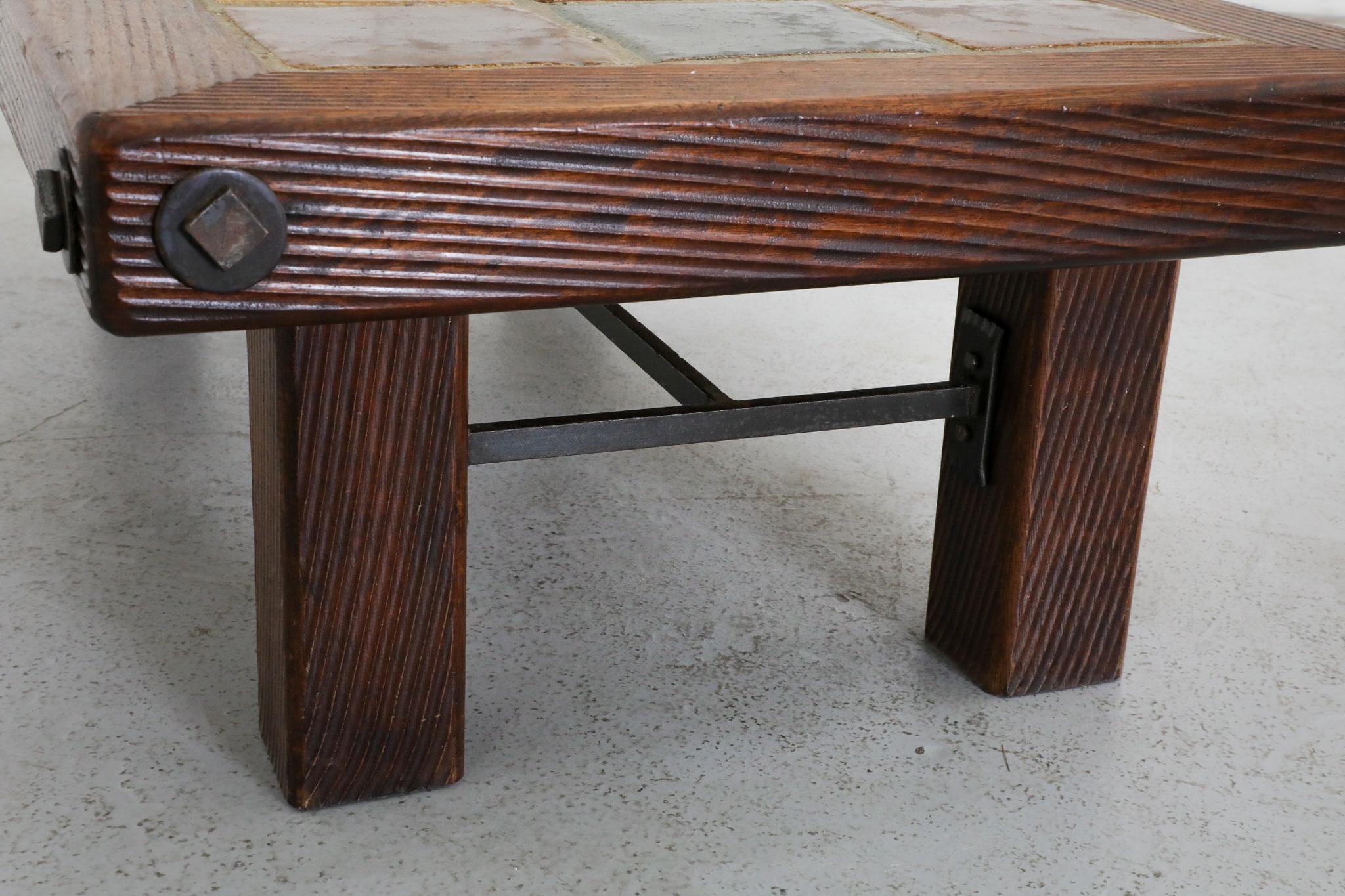Roger Capron Inspired Brutalist Oak and Tile Table or Bench w/ Trestle Supports For Sale 12