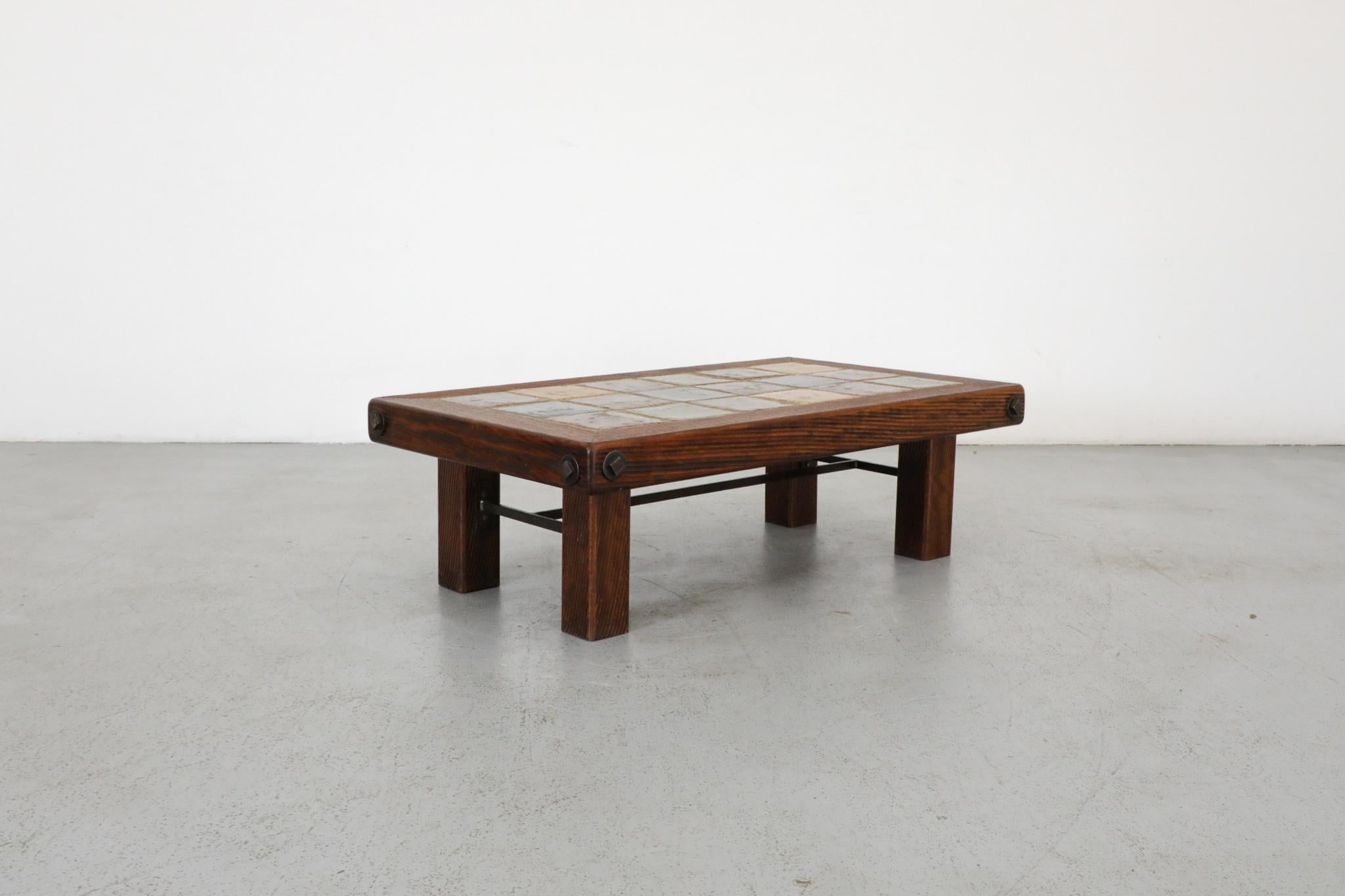 Dutch Roger Capron Inspired Brutalist Oak and Tile Table or Bench w/ Trestle Supports For Sale