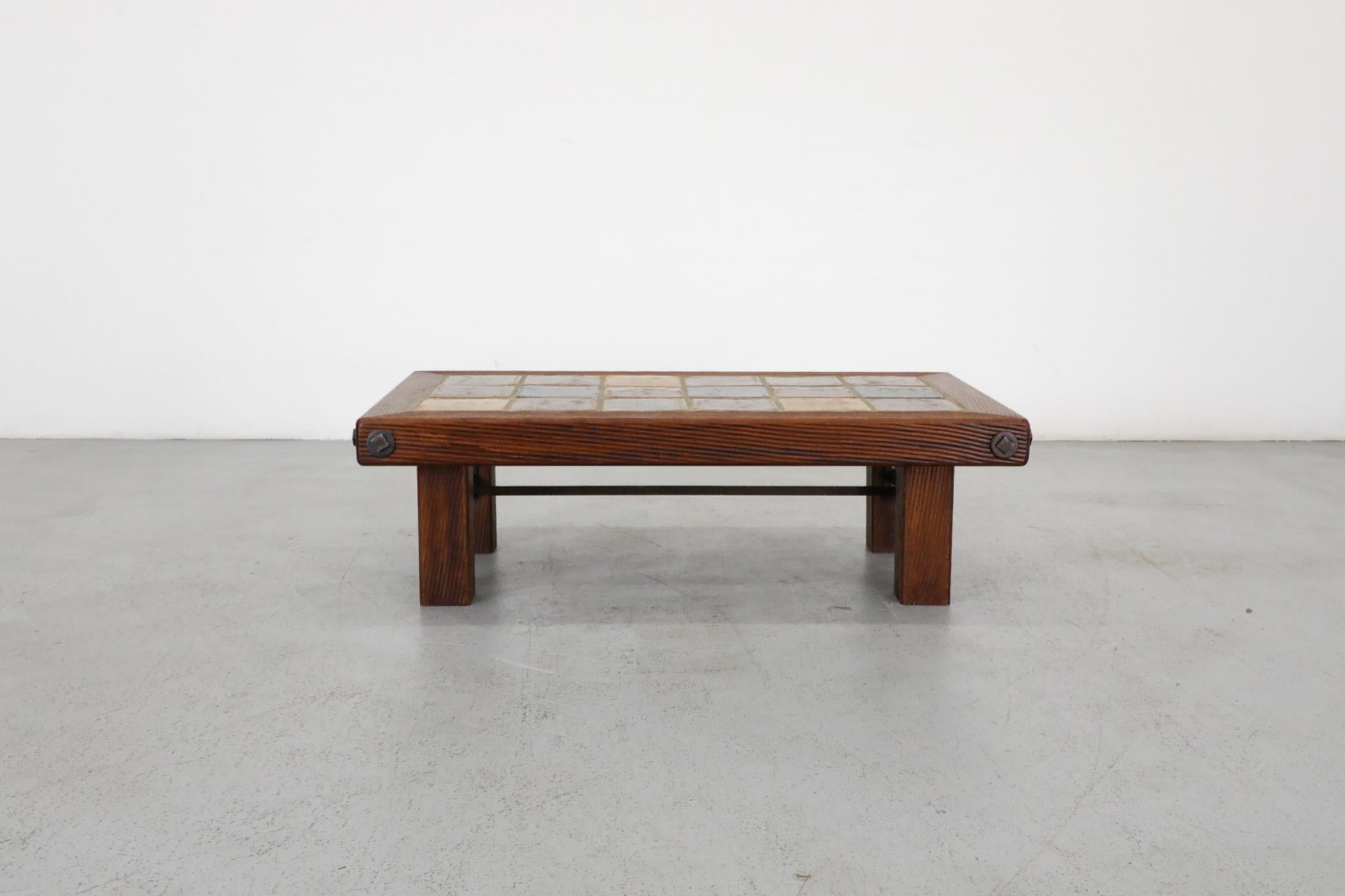 Enameled Roger Capron Inspired Brutalist Oak and Tile Table or Bench w/ Trestle Supports For Sale