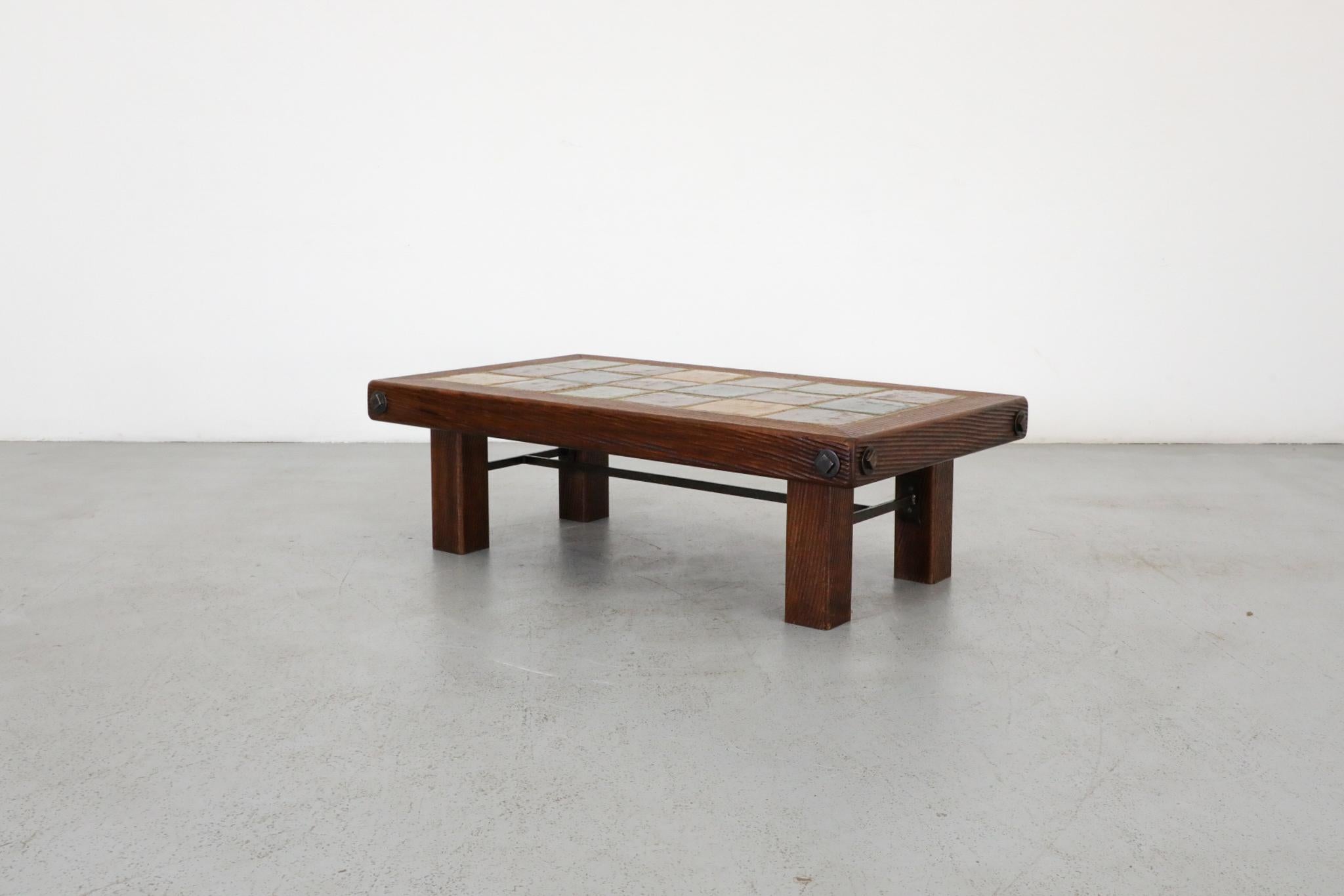 Roger Capron Inspired Brutalist Oak and Tile Table or Bench w/ Trestle Supports In Good Condition For Sale In Los Angeles, CA