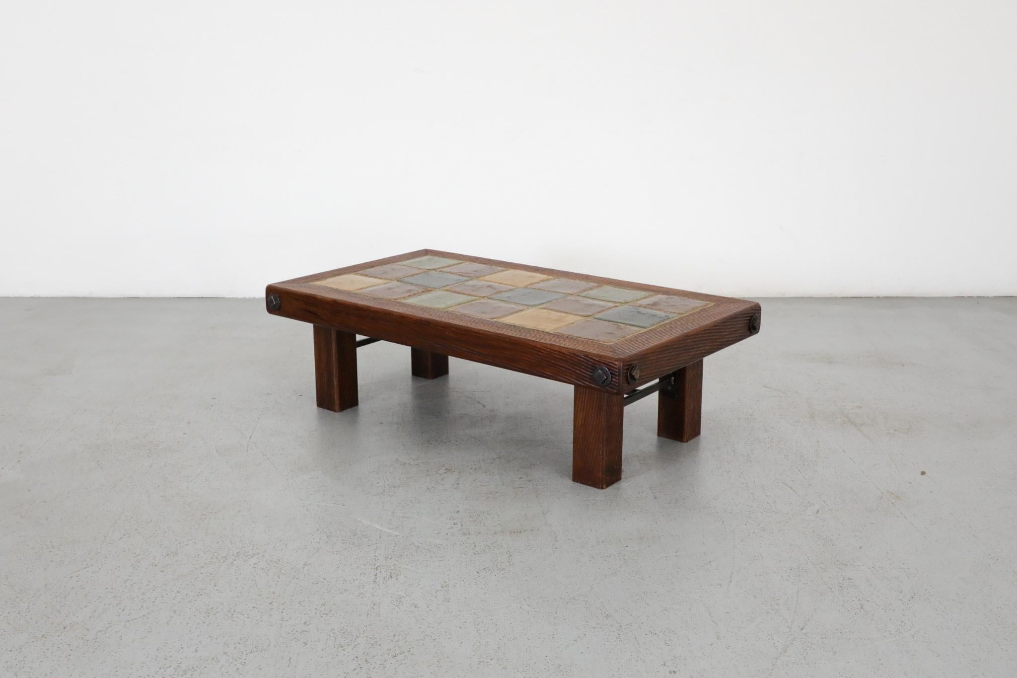 20th Century Roger Capron Inspired Brutalist Oak and Tile Table or Bench w/ Trestle Supports For Sale