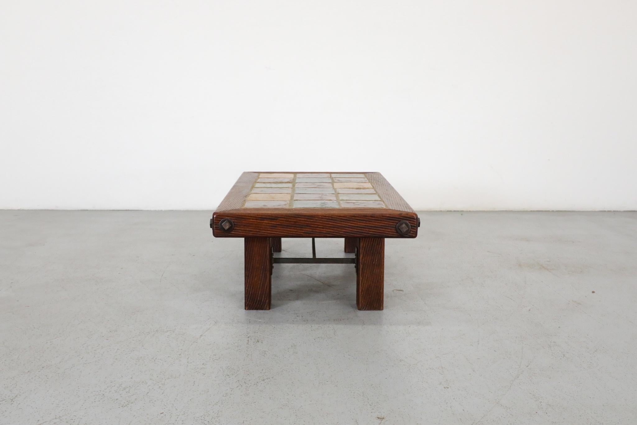 Metal Roger Capron Inspired Brutalist Oak and Tile Table or Bench w/ Trestle Supports For Sale