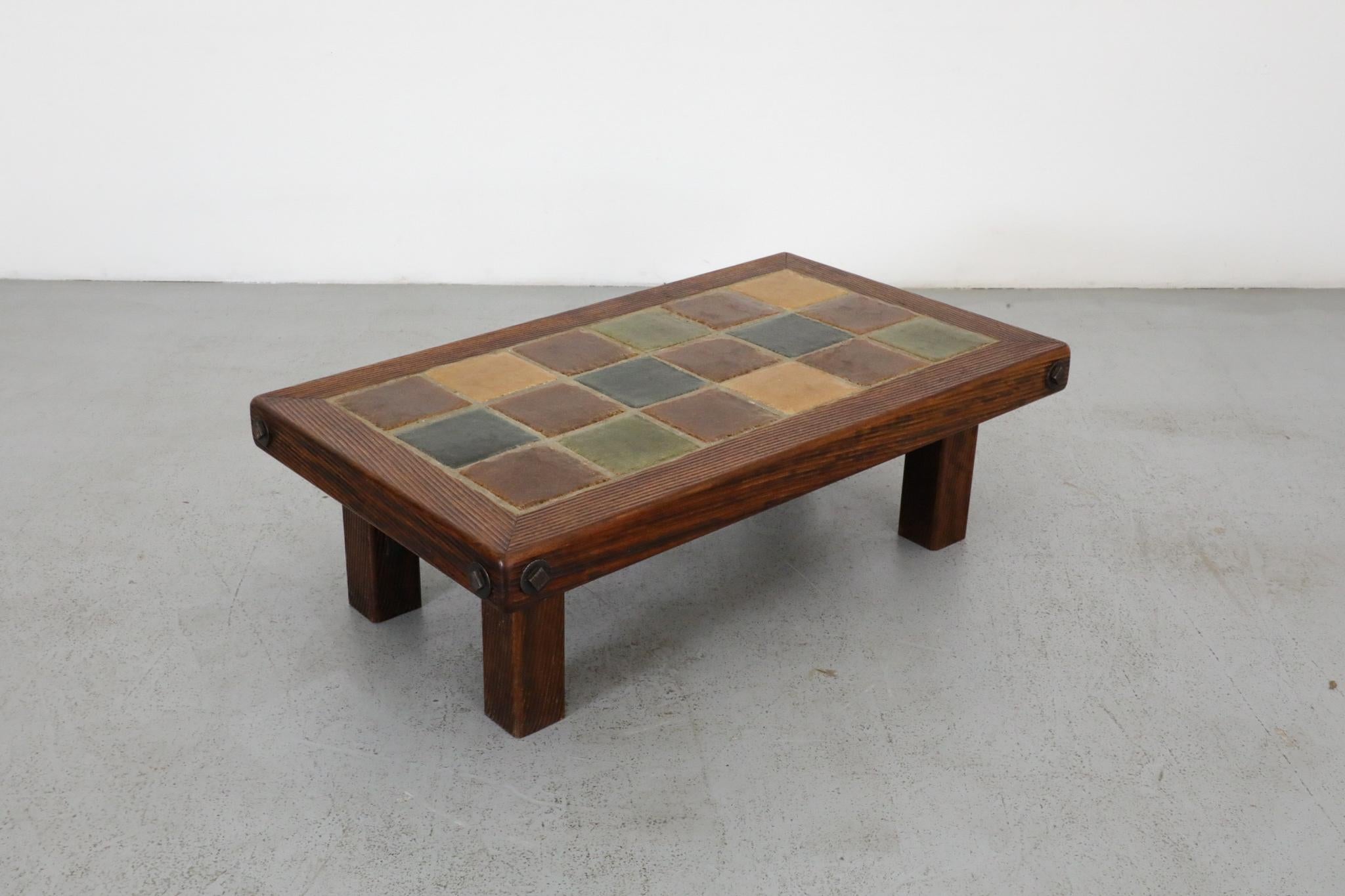 Roger Capron Inspired Brutalist Oak and Tile Table or Bench w/ Trestle Supports For Sale 1