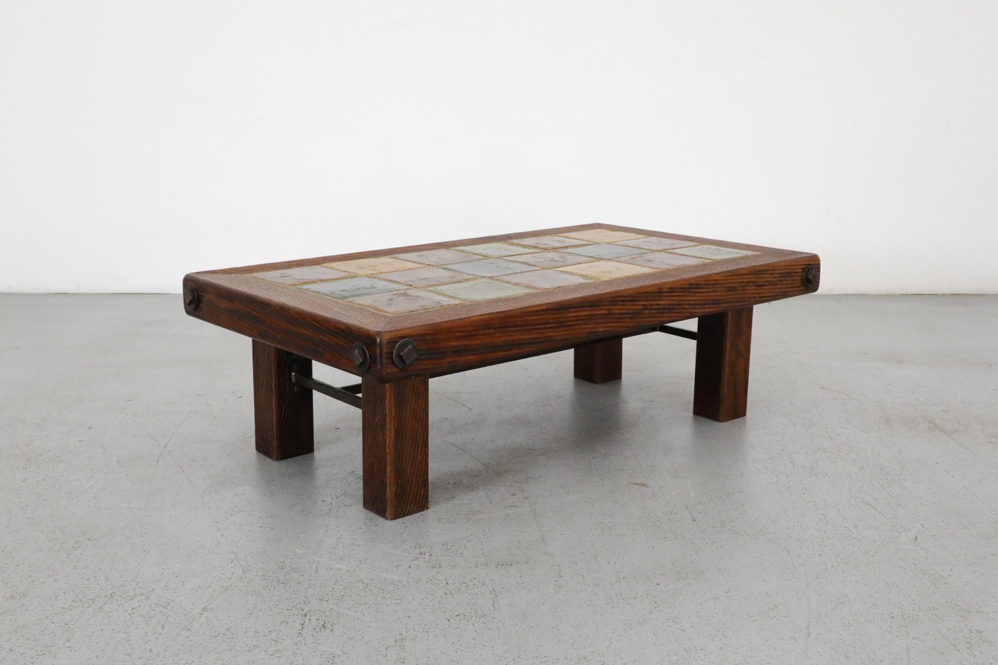 Roger Capron Inspired Brutalist Oak and Tile Table or Bench w/ Trestle Supports For Sale 2