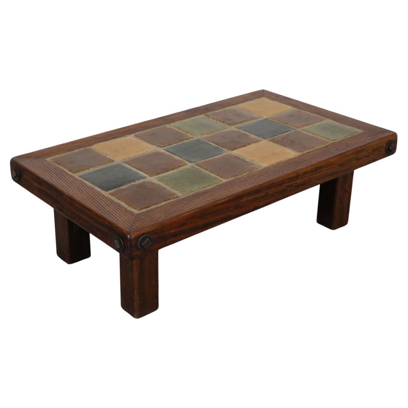 Roger Capron Inspired Brutalist Oak and Tile Table or Bench w/ Trestle Supports For Sale
