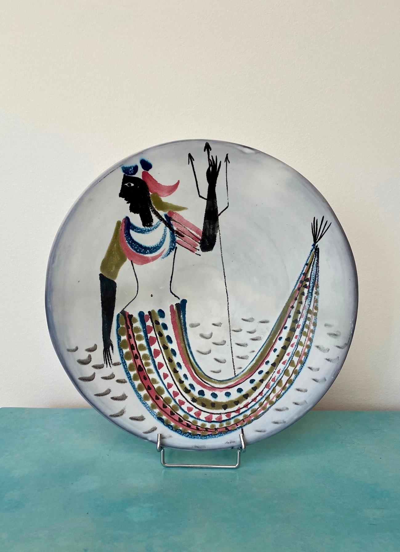 Roger Capron Large Ceramic Dish with Stylized Mermaid, Vallauris, 1950s In Good Condition In Paris, FR