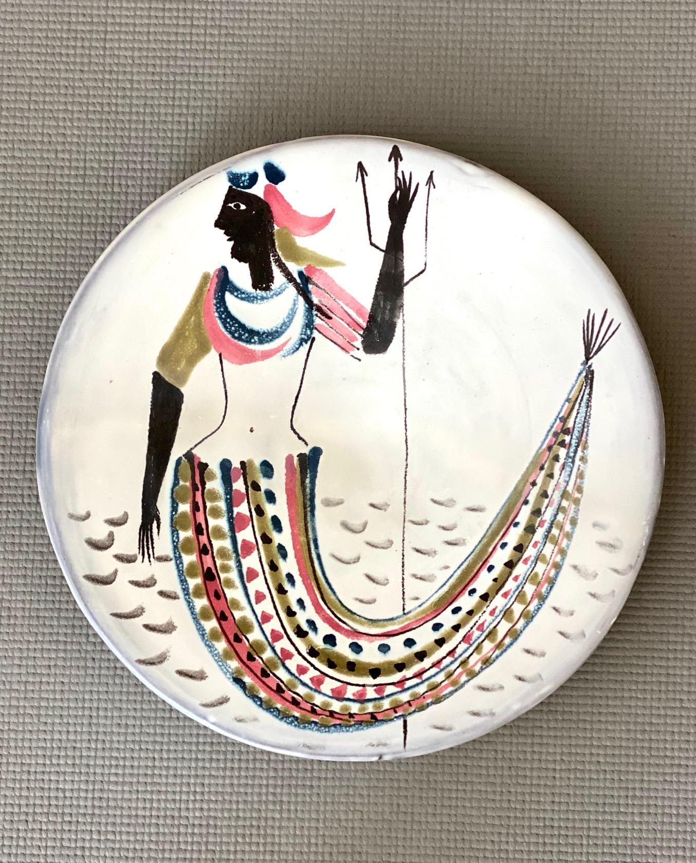 Roger Capron Large Ceramic Dish with Stylized Mermaid, Vallauris, 1950s 2