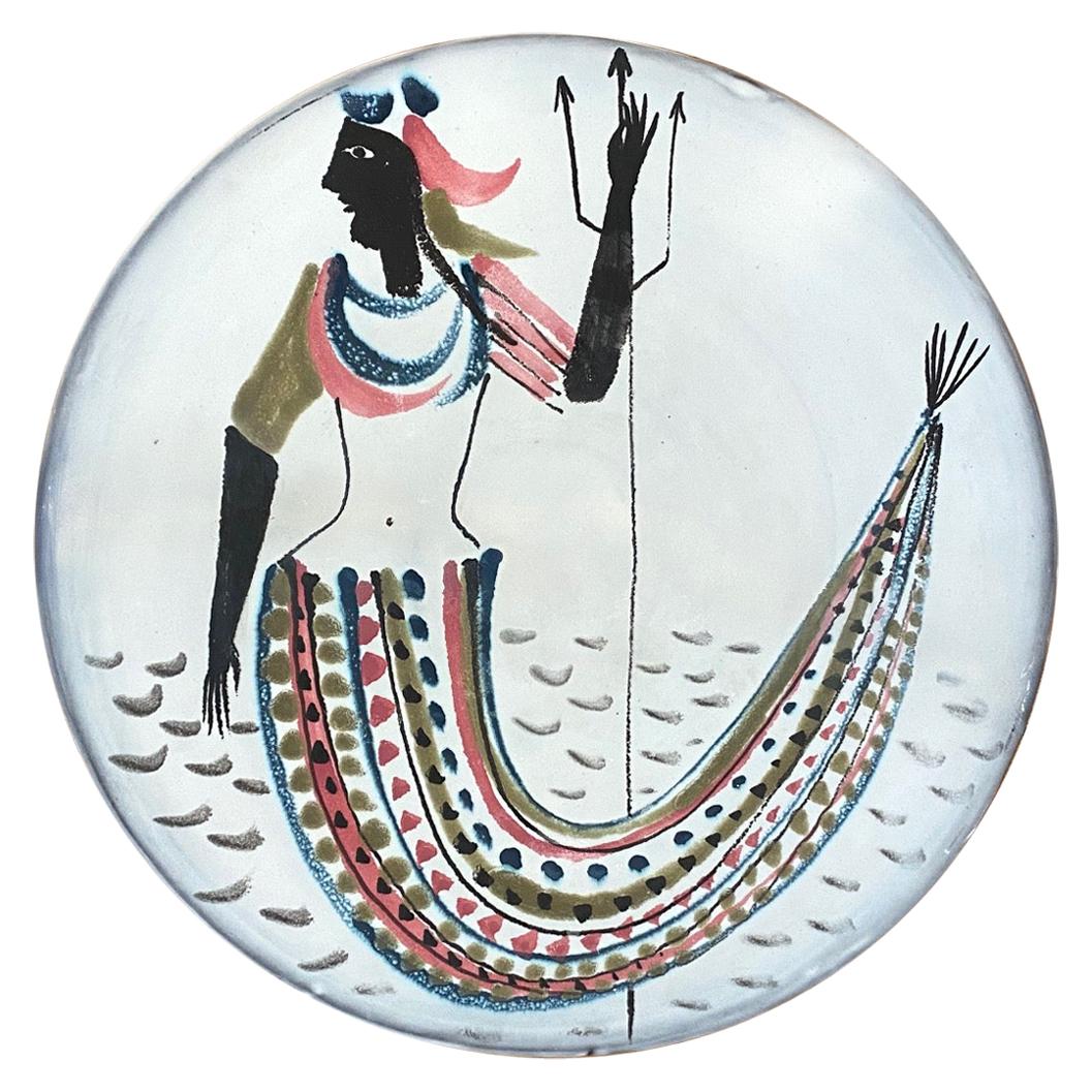 Roger Capron Large Ceramic Dish with Stylized Mermaid, Vallauris, 1950s