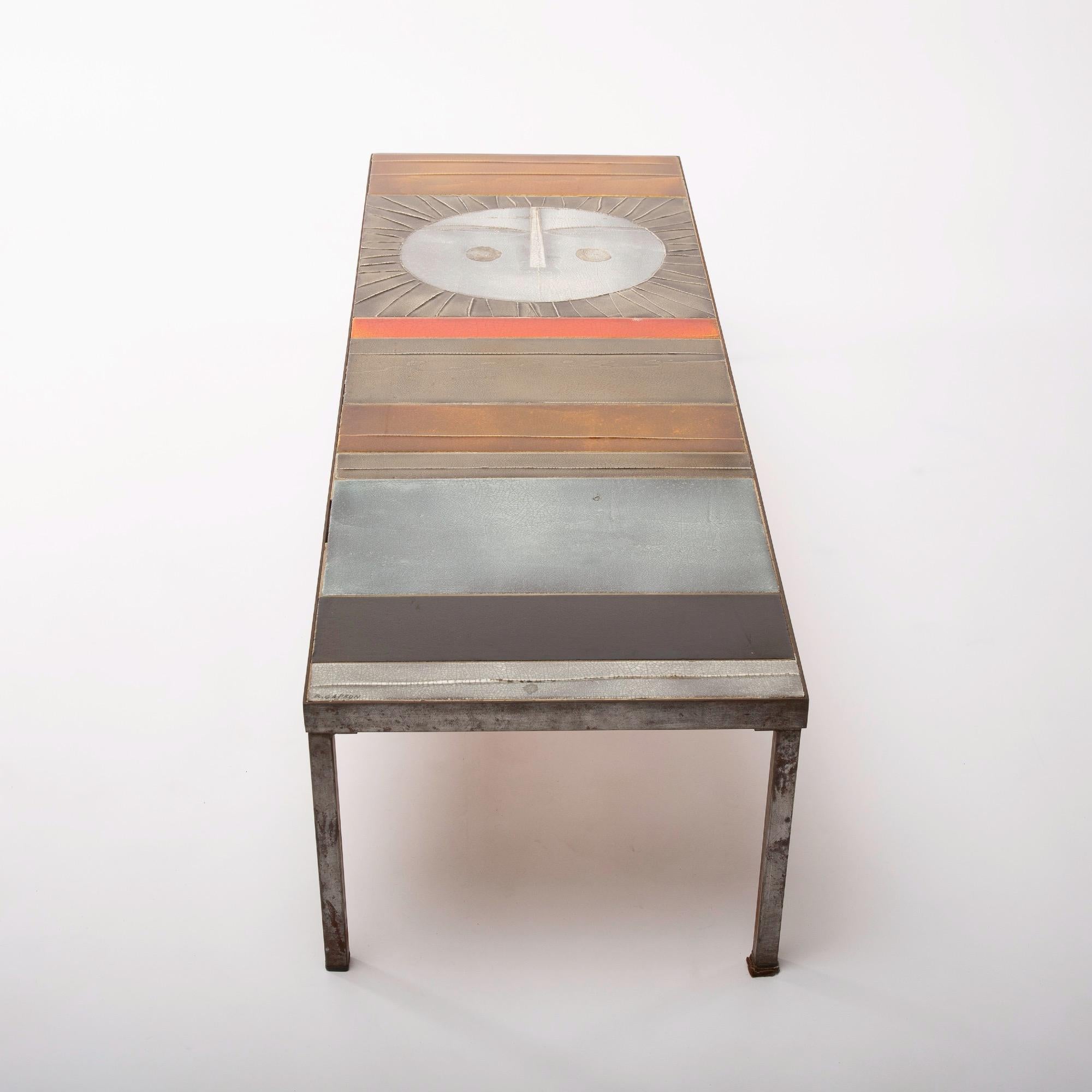 Exceptional table composed of a steel structure covered with abstract ceramics, one of which is a radiant sun. This is the largest version of the model.
An iconic piece of one of the greatest French ceramists of the post-war period,
circa