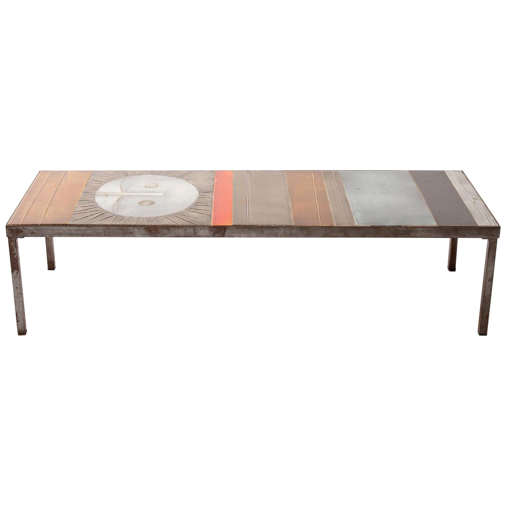 Roger Capron Large "Table au soleil" Steel and Ceramic Tiles, Vallauris France